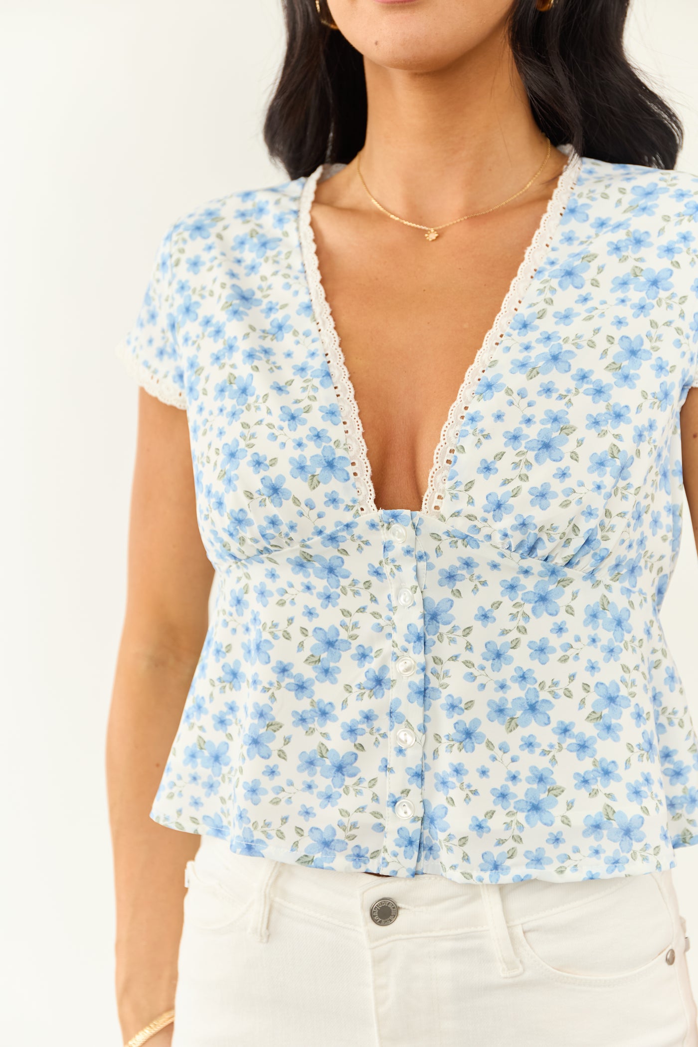 Ivory Floral Deep V Cap Sleeve Button Up Blouse