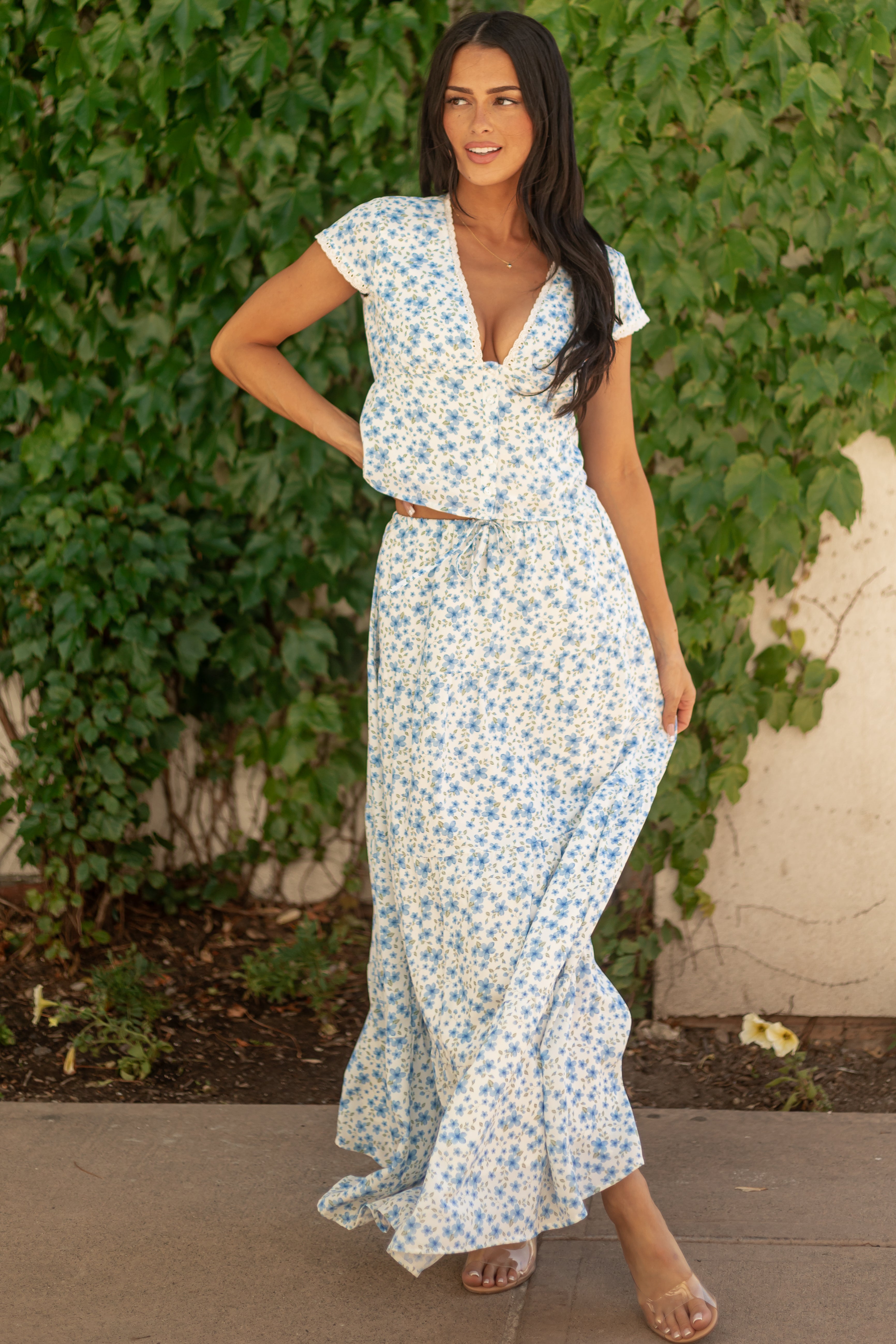 Ivory Floral Deep V Cap Sleeve Button Up Blouse