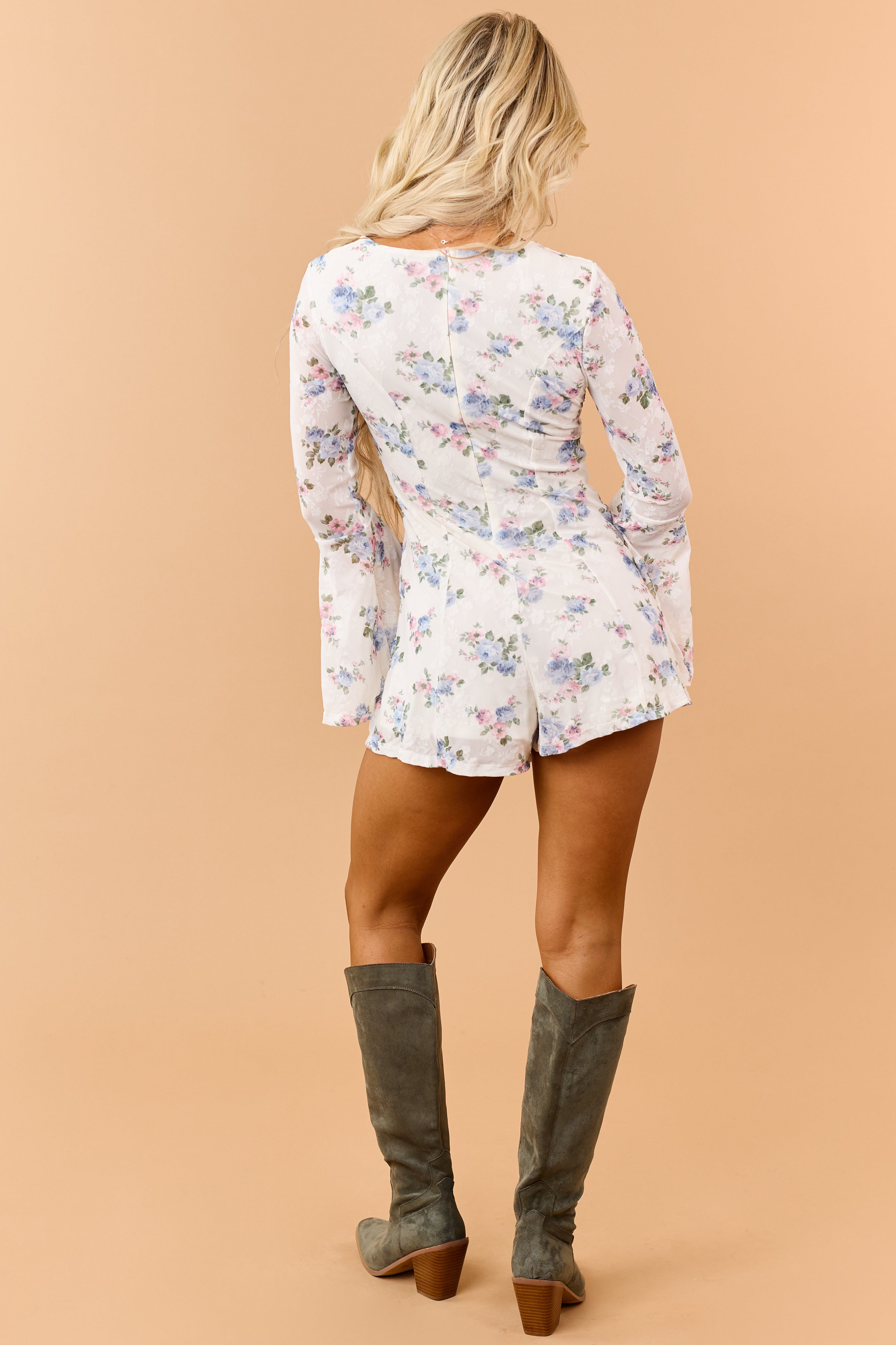 Ivory Floral Flocked Lace Long Sleeve Romper