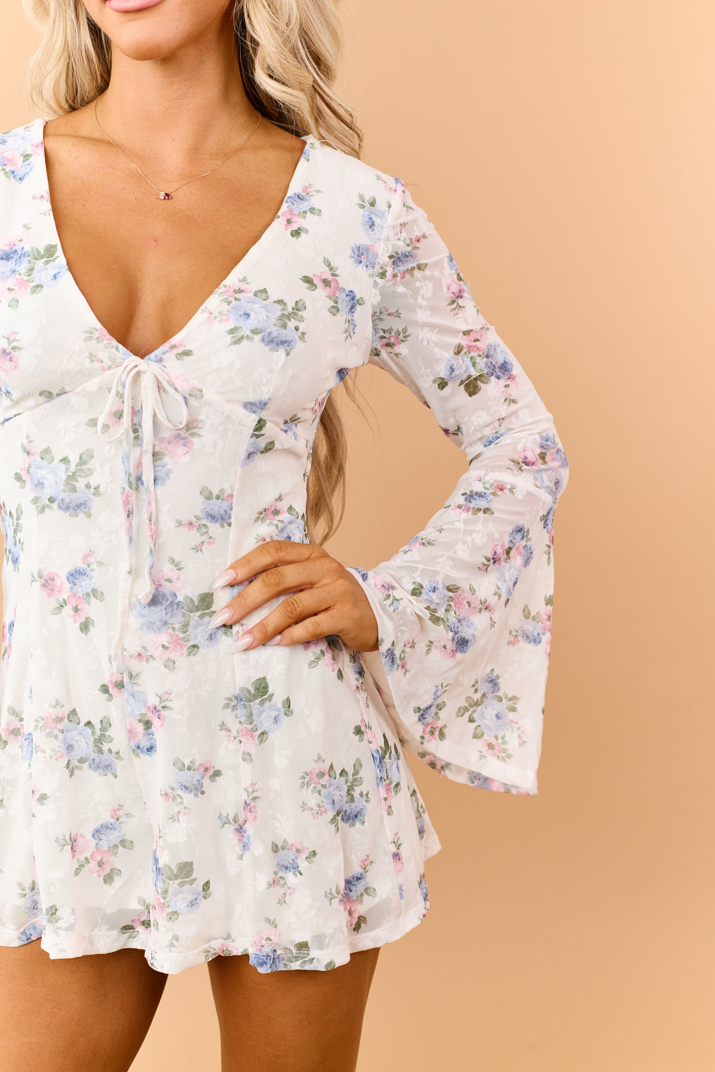 Ivory Floral Flocked Lace Long Sleeve Romper