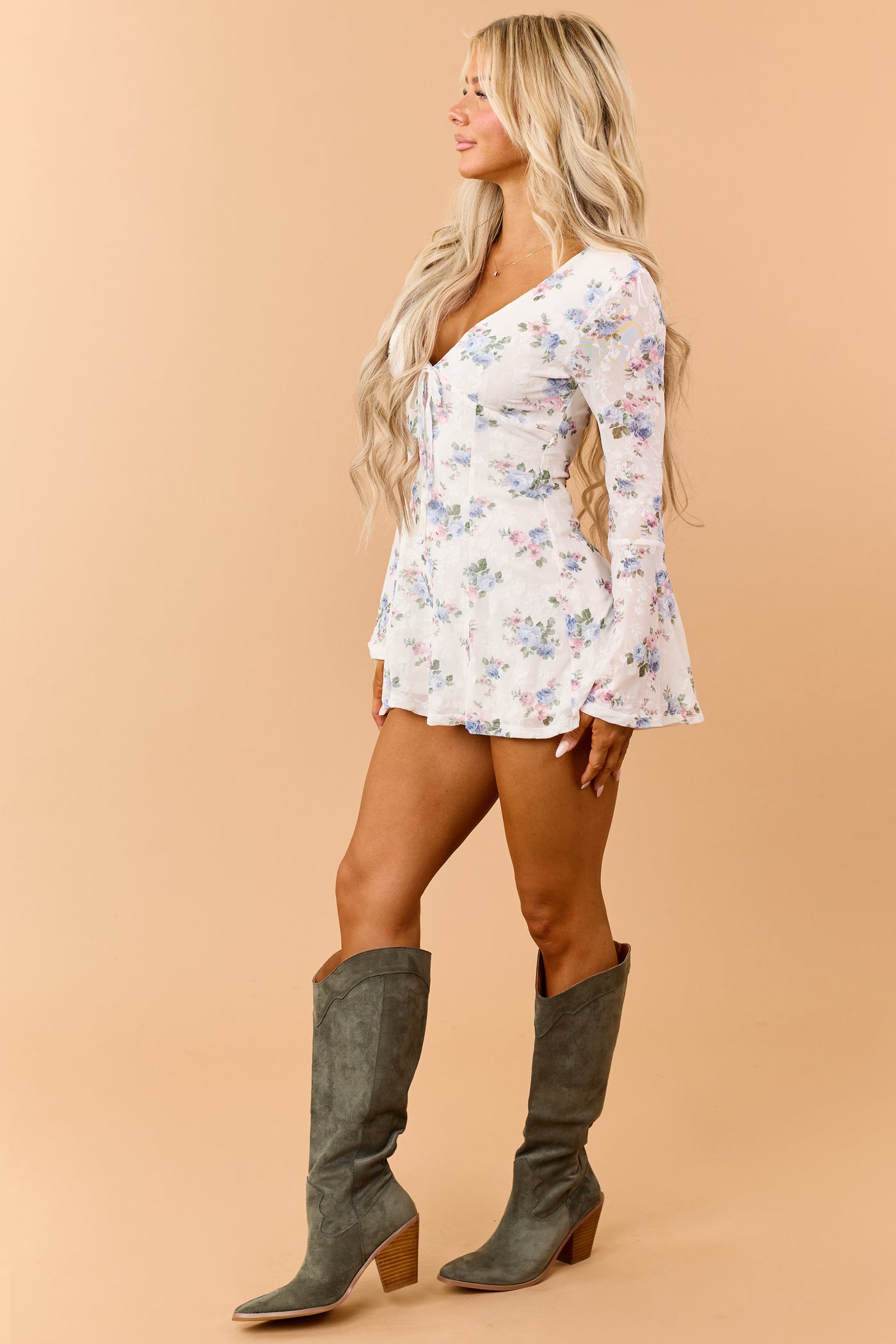Ivory Floral Flocked Lace Long Sleeve Romper