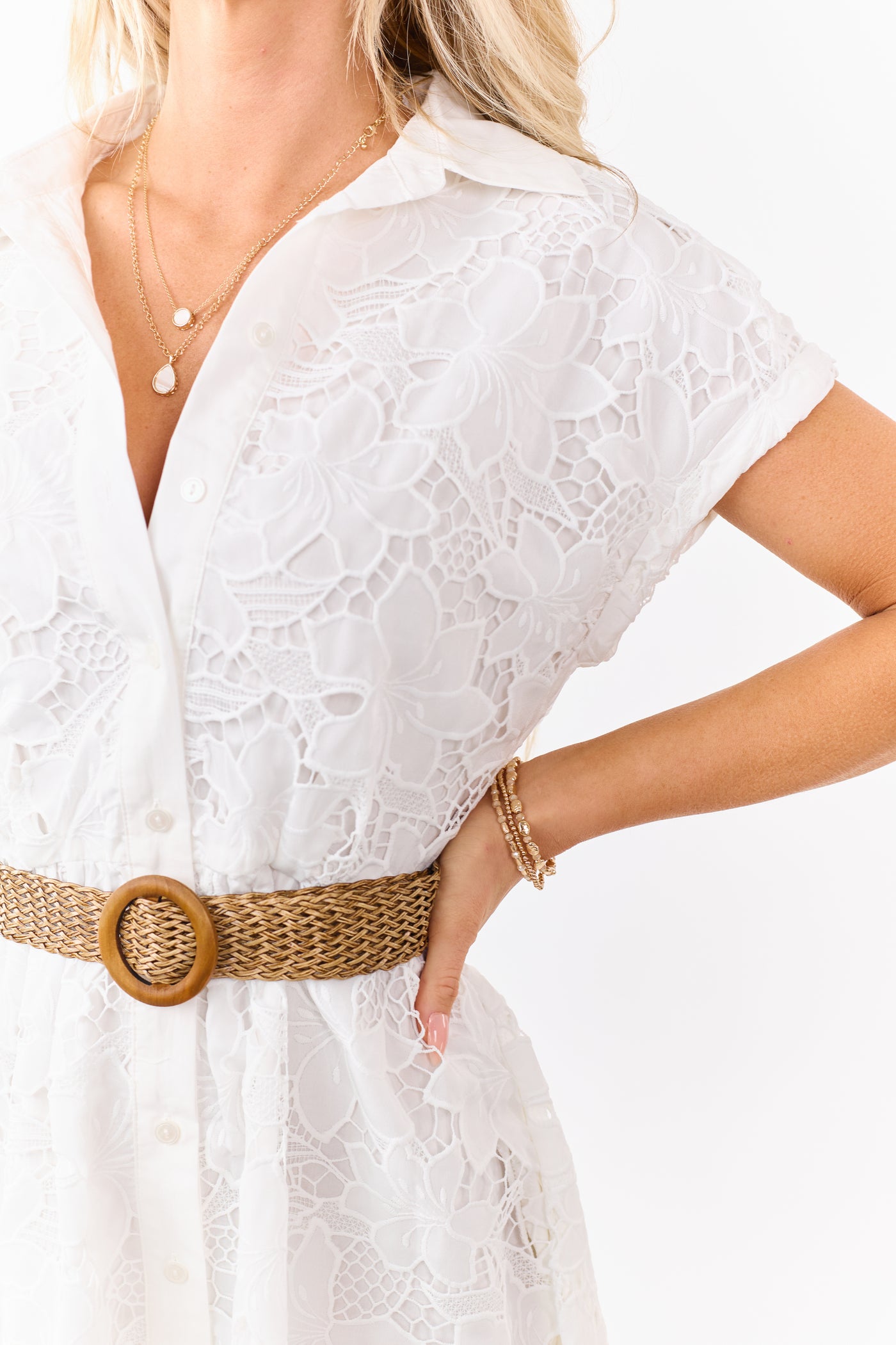 Ivory Floral Lace Button Down Mini Dress with Belt Ivory Floral Lace Button Down Mini Dress with Belt