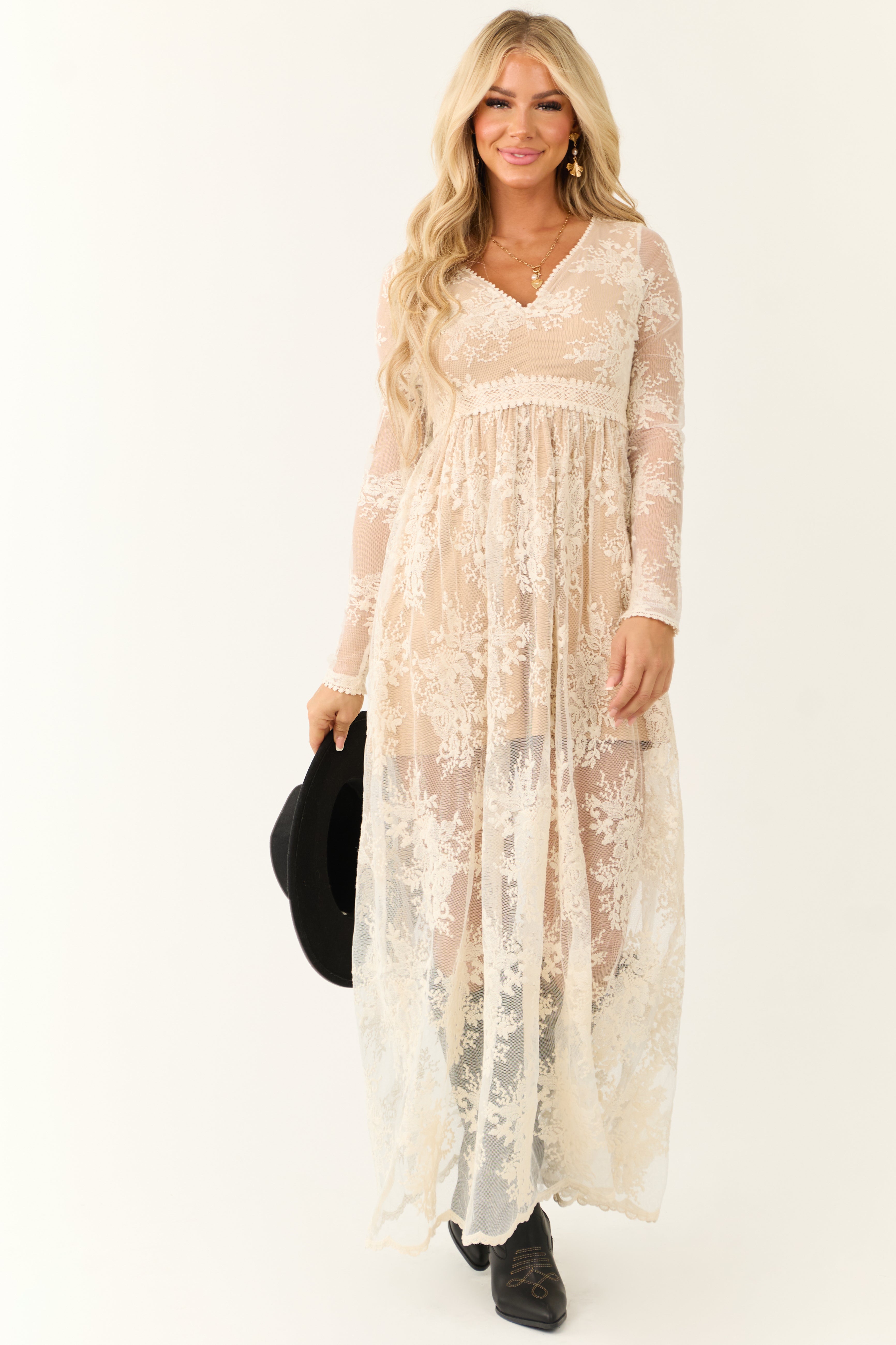 Ivory Floral Lace Long Sleeve V Neck Maxi Dress | Lime Lush Boutique