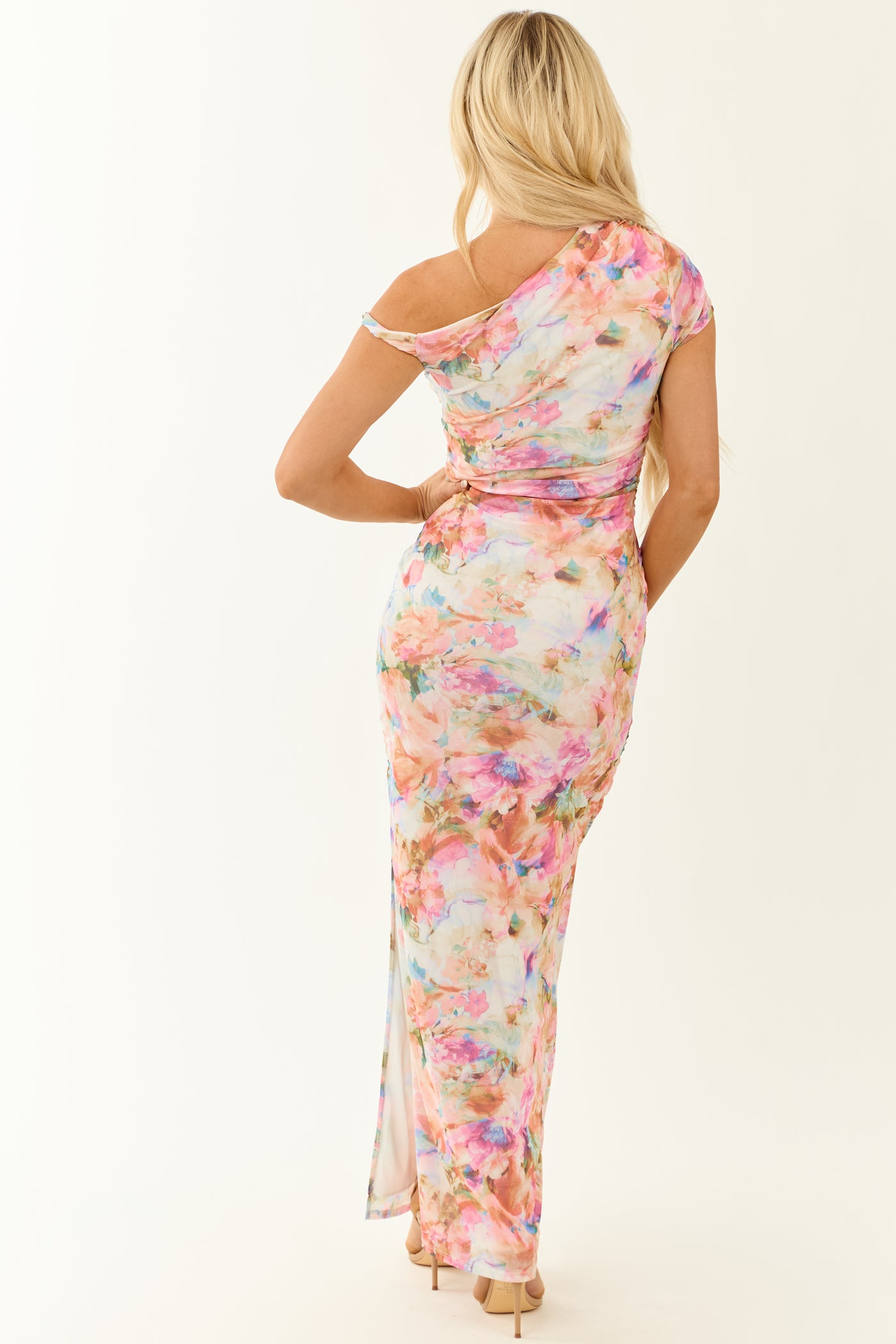 Ivory Floral Mesh One Shoulder Stretchy Maxi Dress