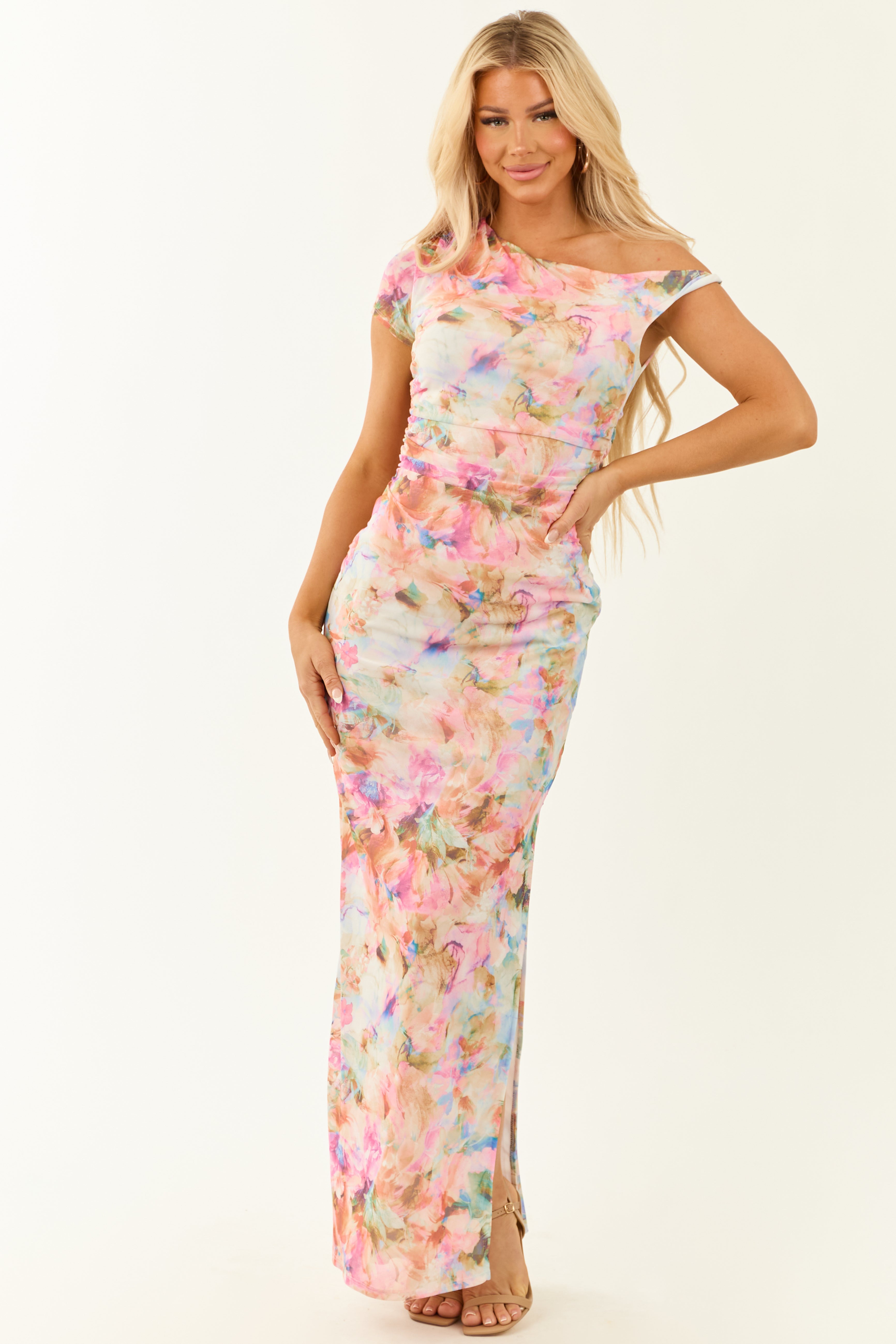 Ivory Floral Mesh One Shoulder Stretchy Maxi Dress