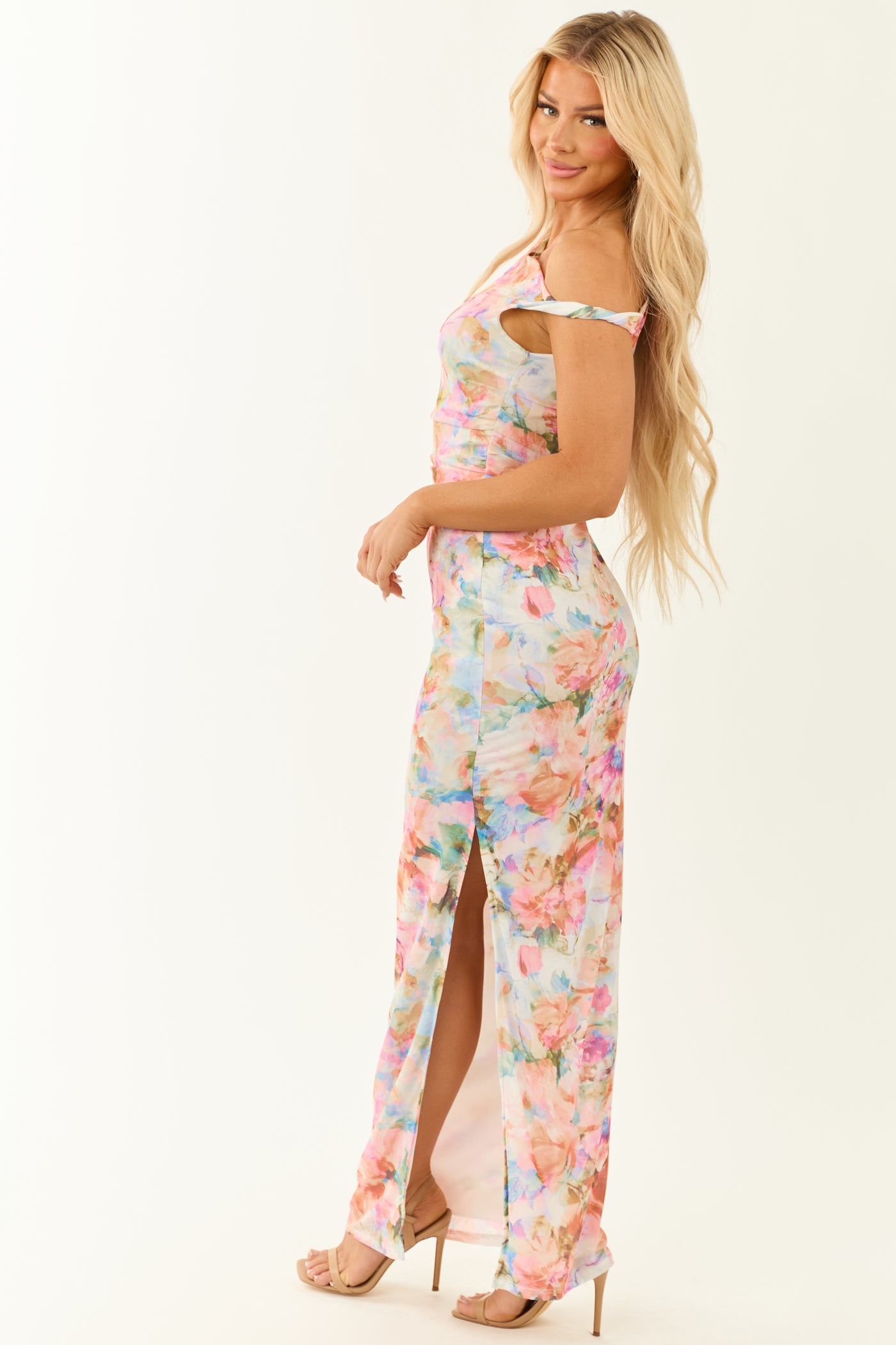 Ivory Floral Mesh One Shoulder Stretchy Maxi Dress