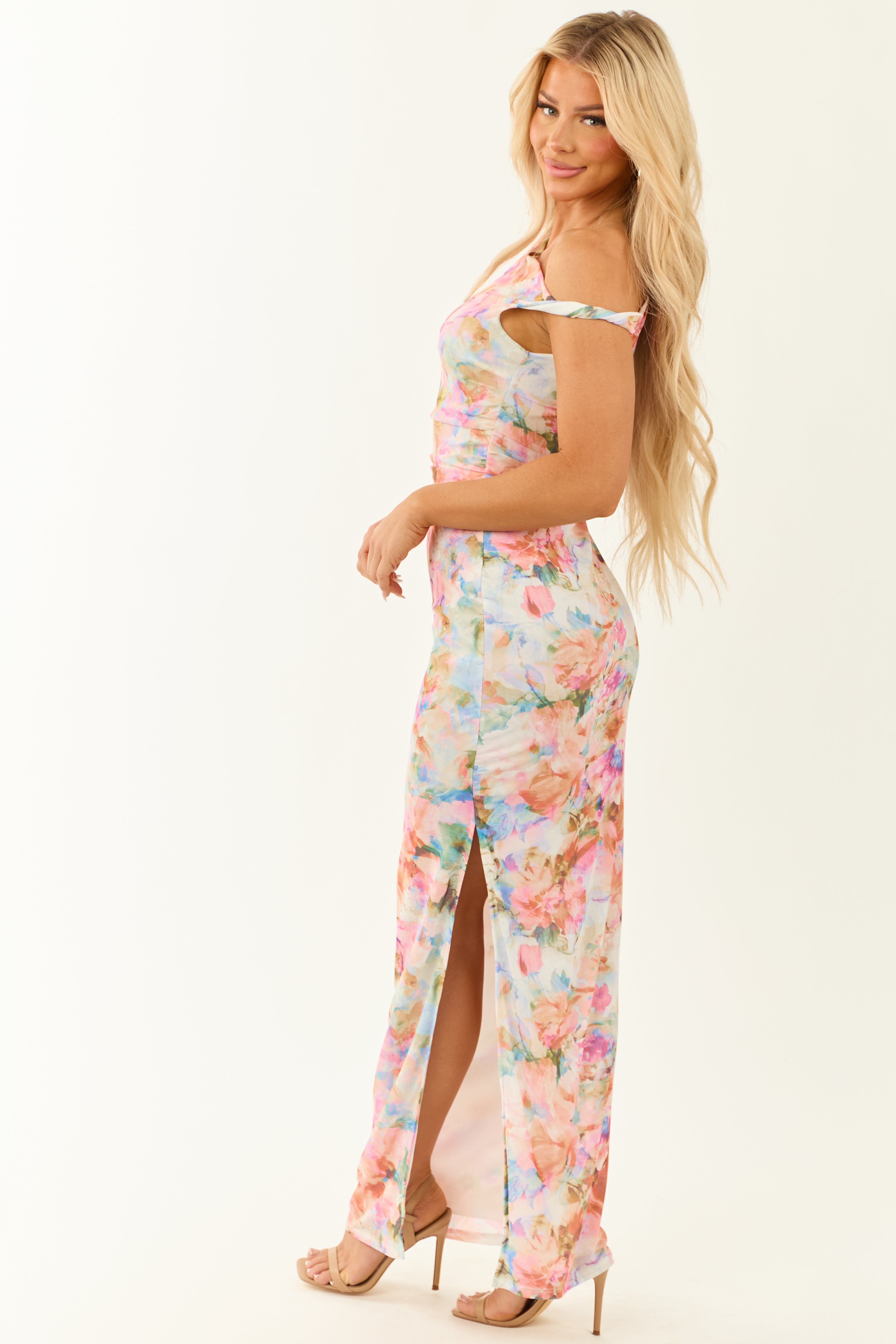 Ivory Floral Mesh One Shoulder Stretchy Maxi Dress