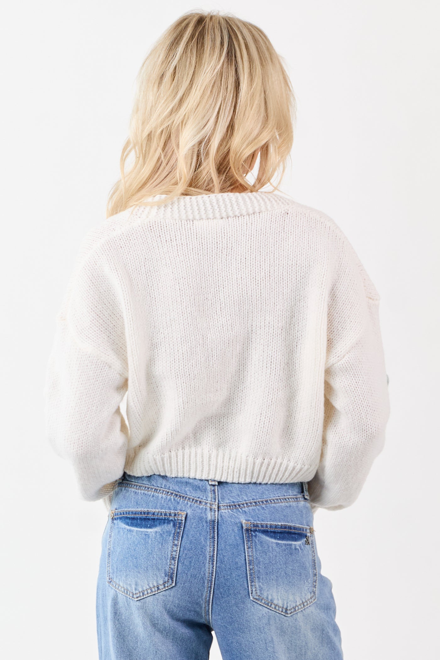 Ivory Floral Patch Button Down Cropped Cardigan