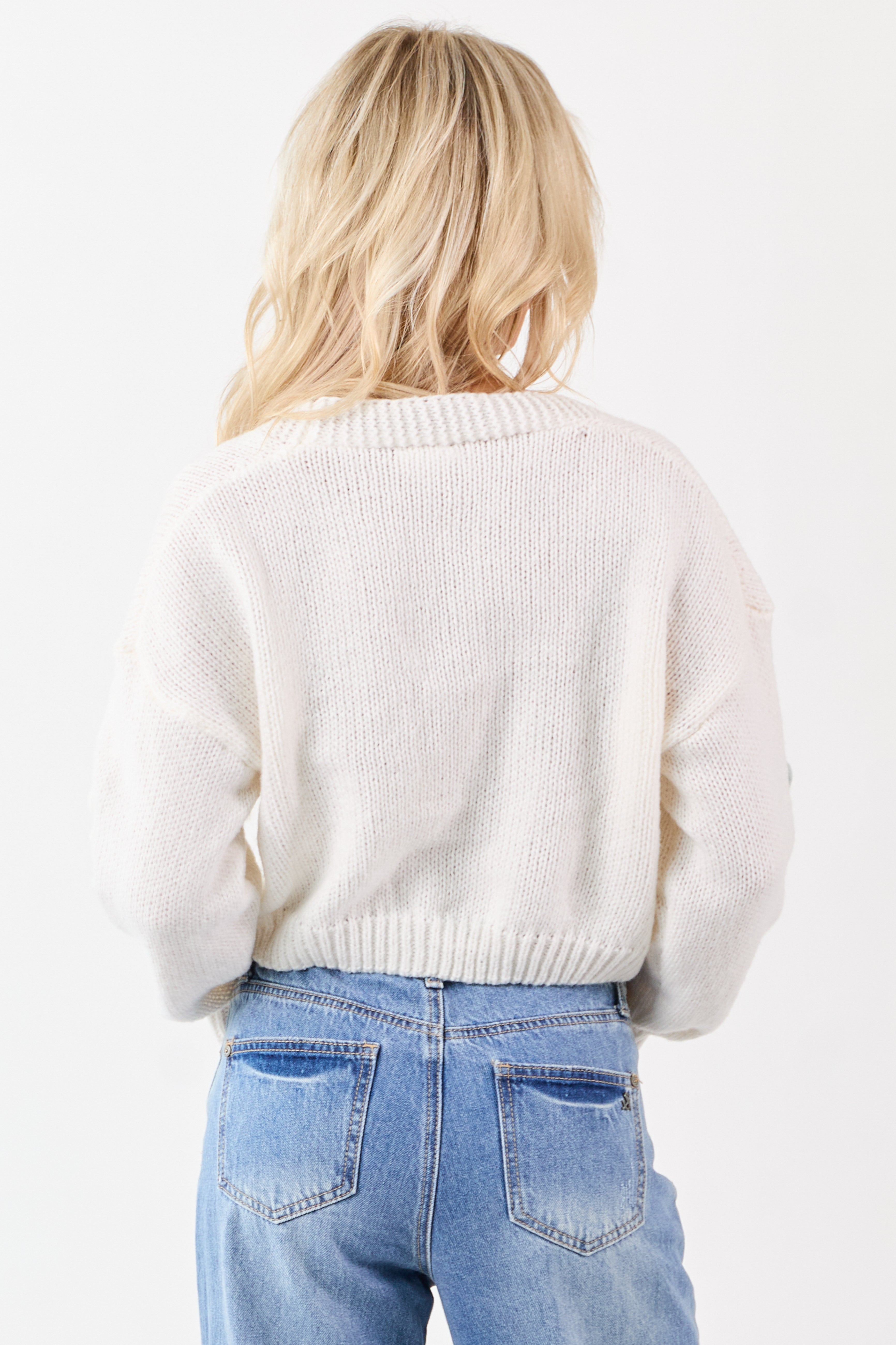 Ivory Floral Patch Button Down Cropped Cardigan