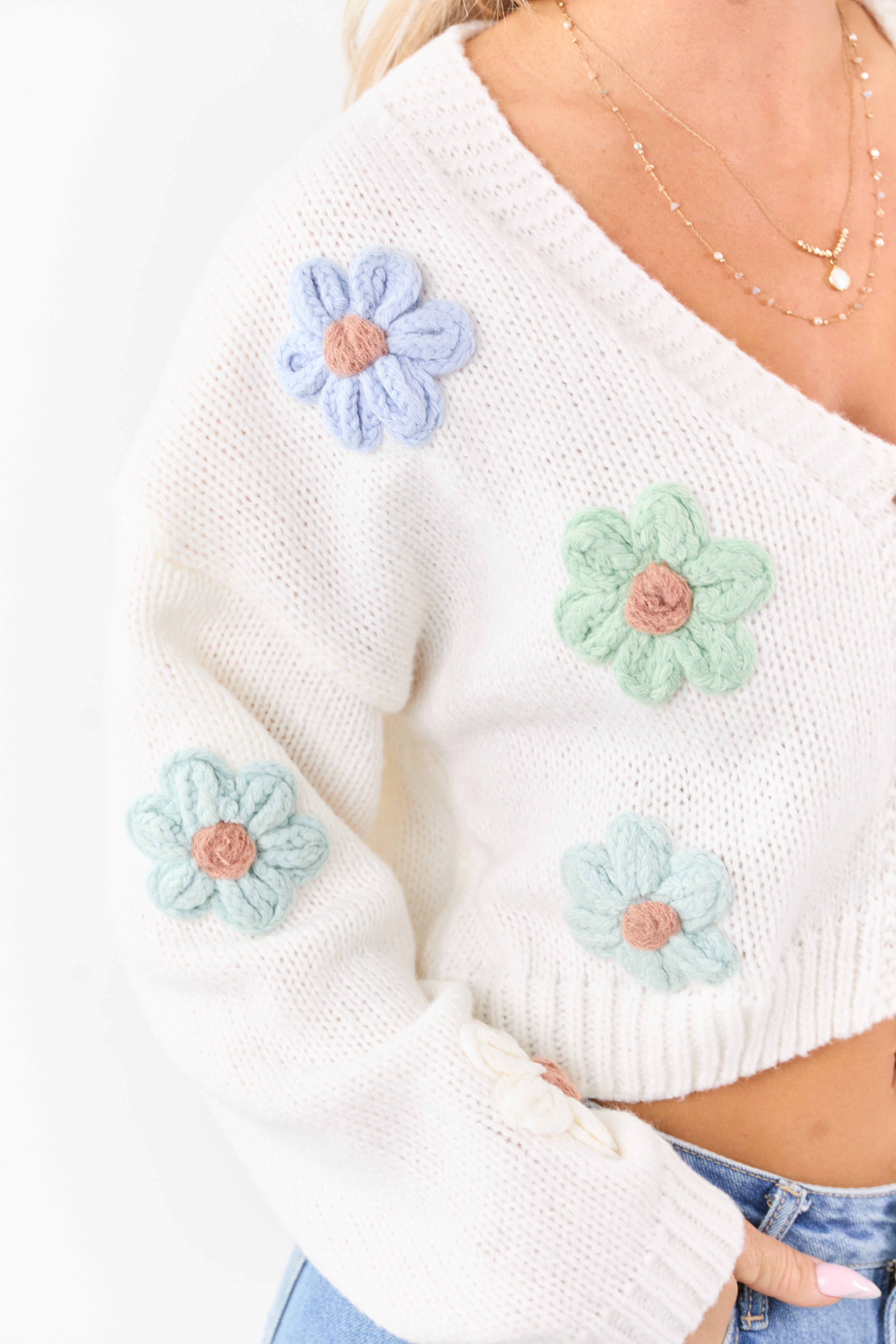 Ivory Floral Patch Button Down Cropped Cardigan