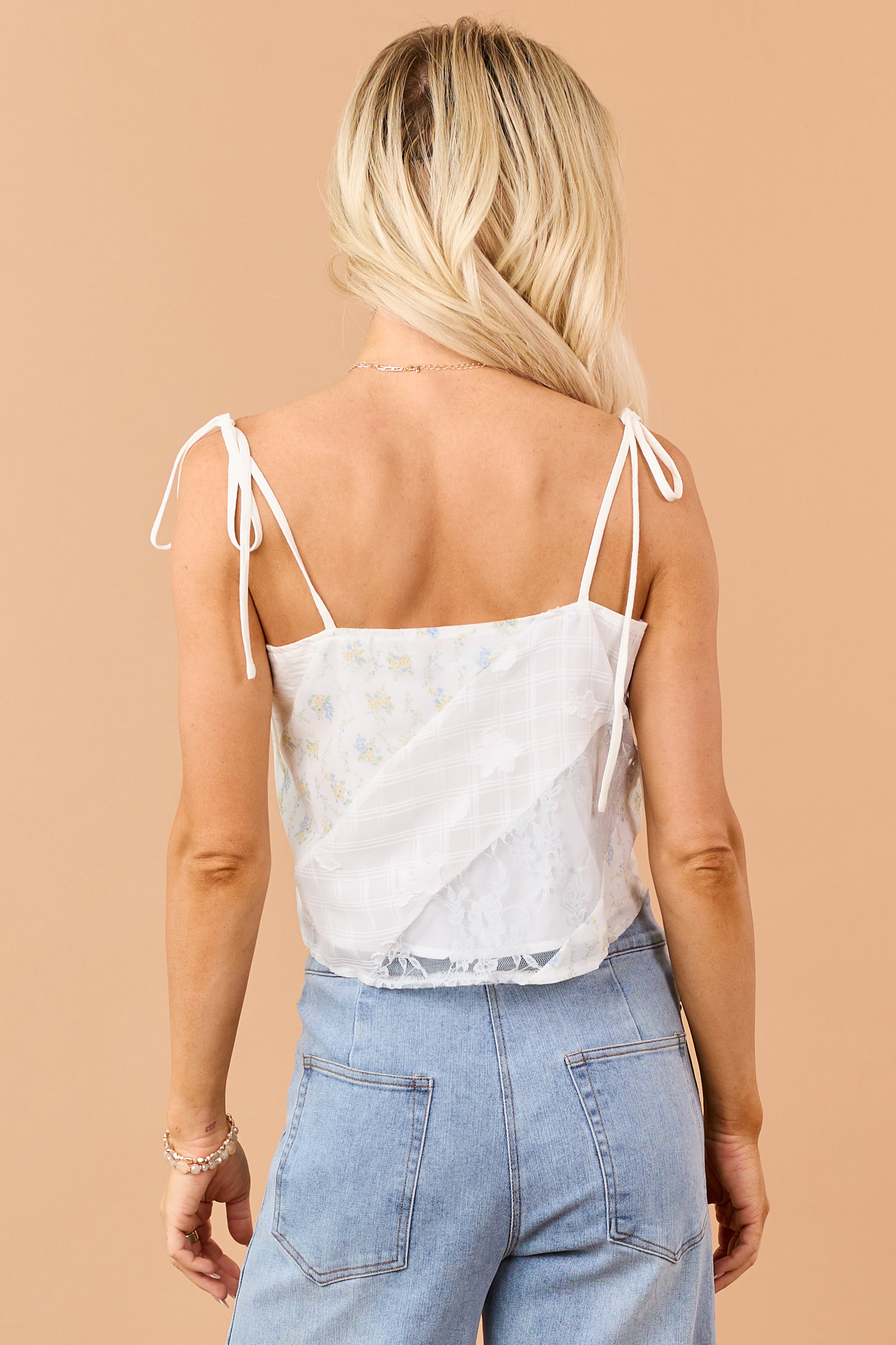 Ivory Floral Patchwork Lace Tie Strap Tank Top