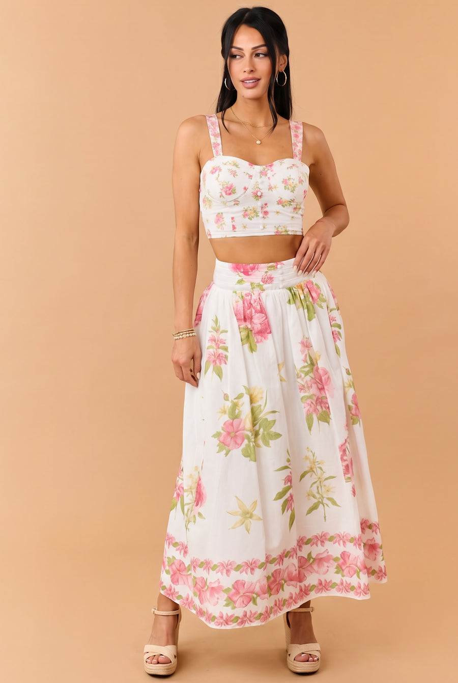 Ivory Floral Print Cotton Crop Top and Skirt Set
