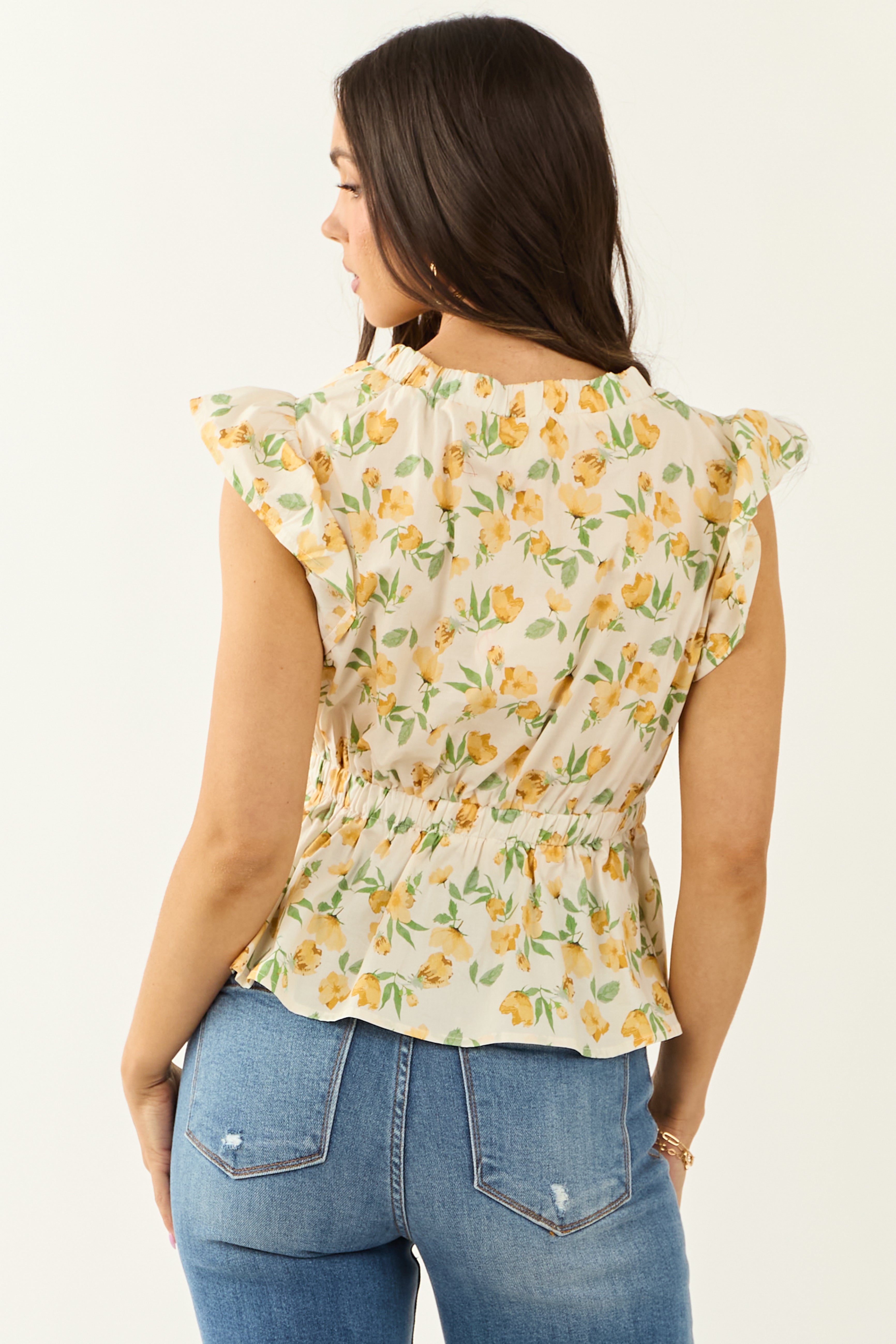 Ivory Floral Print Cotton Ruffle Cap Sleeve Top