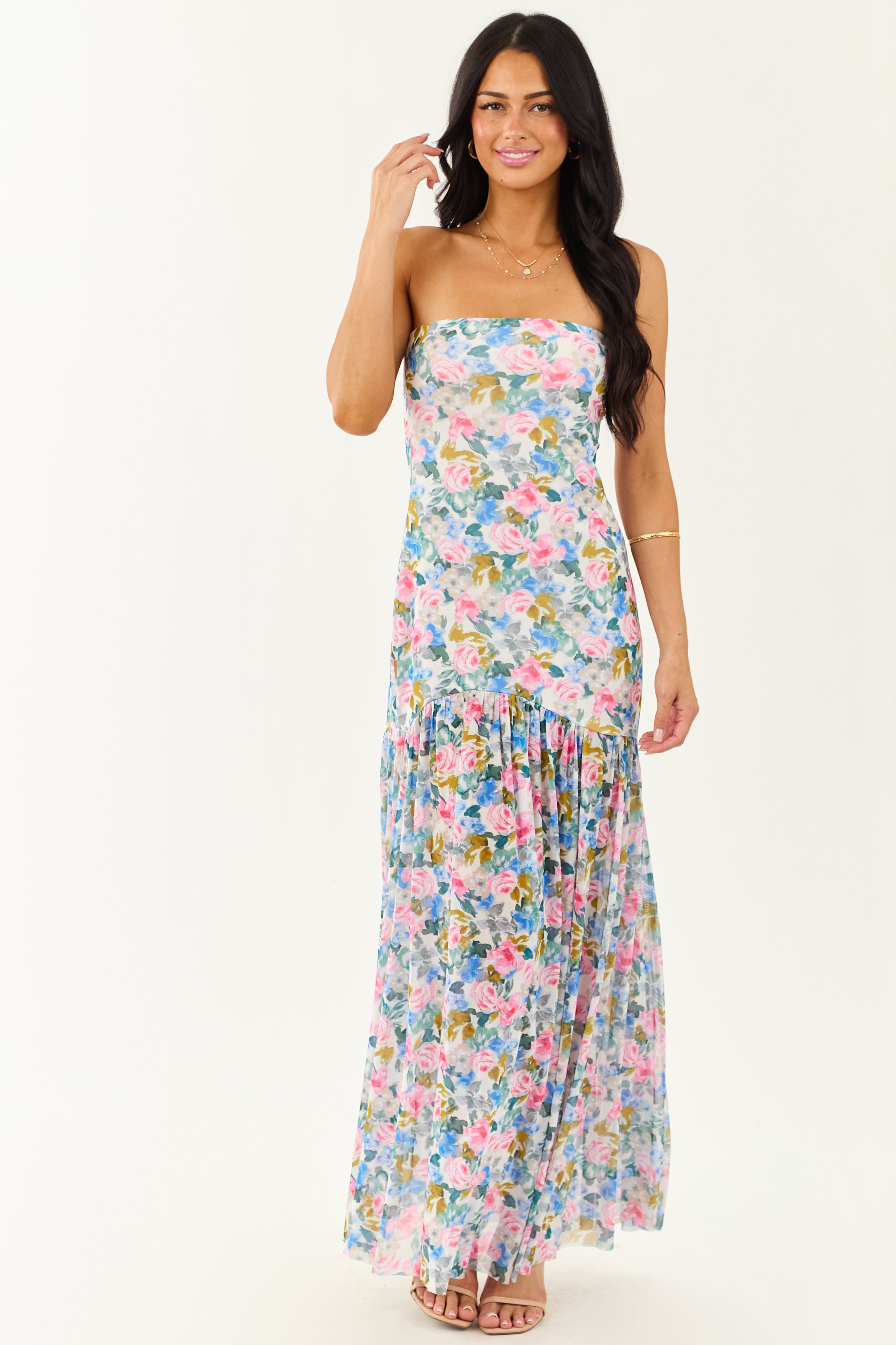 Ivory Floral Print Front Slit Mesh Maxi Dress | Lime Lush Boutique Ivory Floral Print Front Slit Mesh Maxi Dress | Lime Lush Boutique