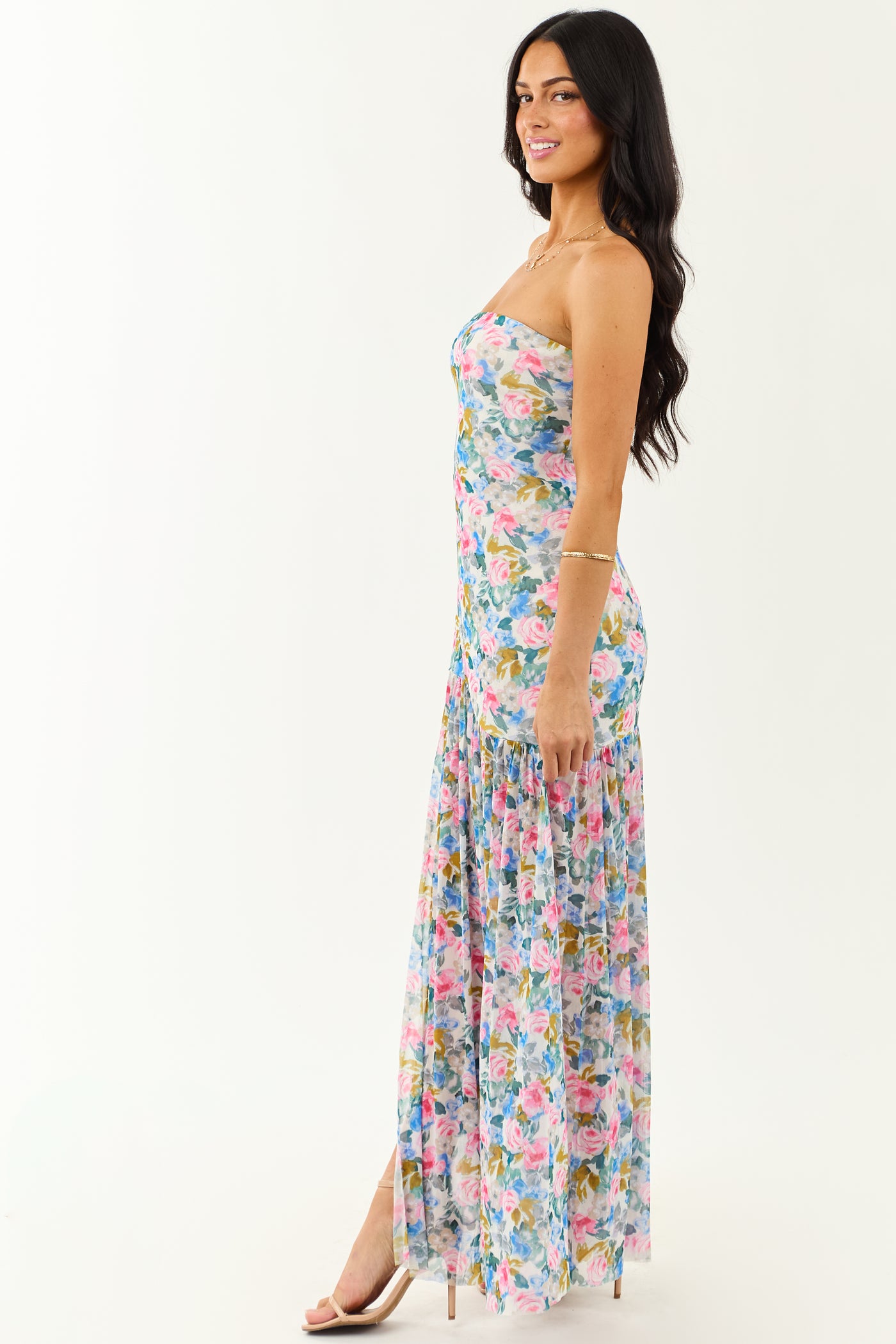 Ivory Floral Print Front Slit Mesh Maxi Dress | Lime Lush Boutique Ivory Floral Print Front Slit Mesh Maxi Dress | Lime Lush Boutique