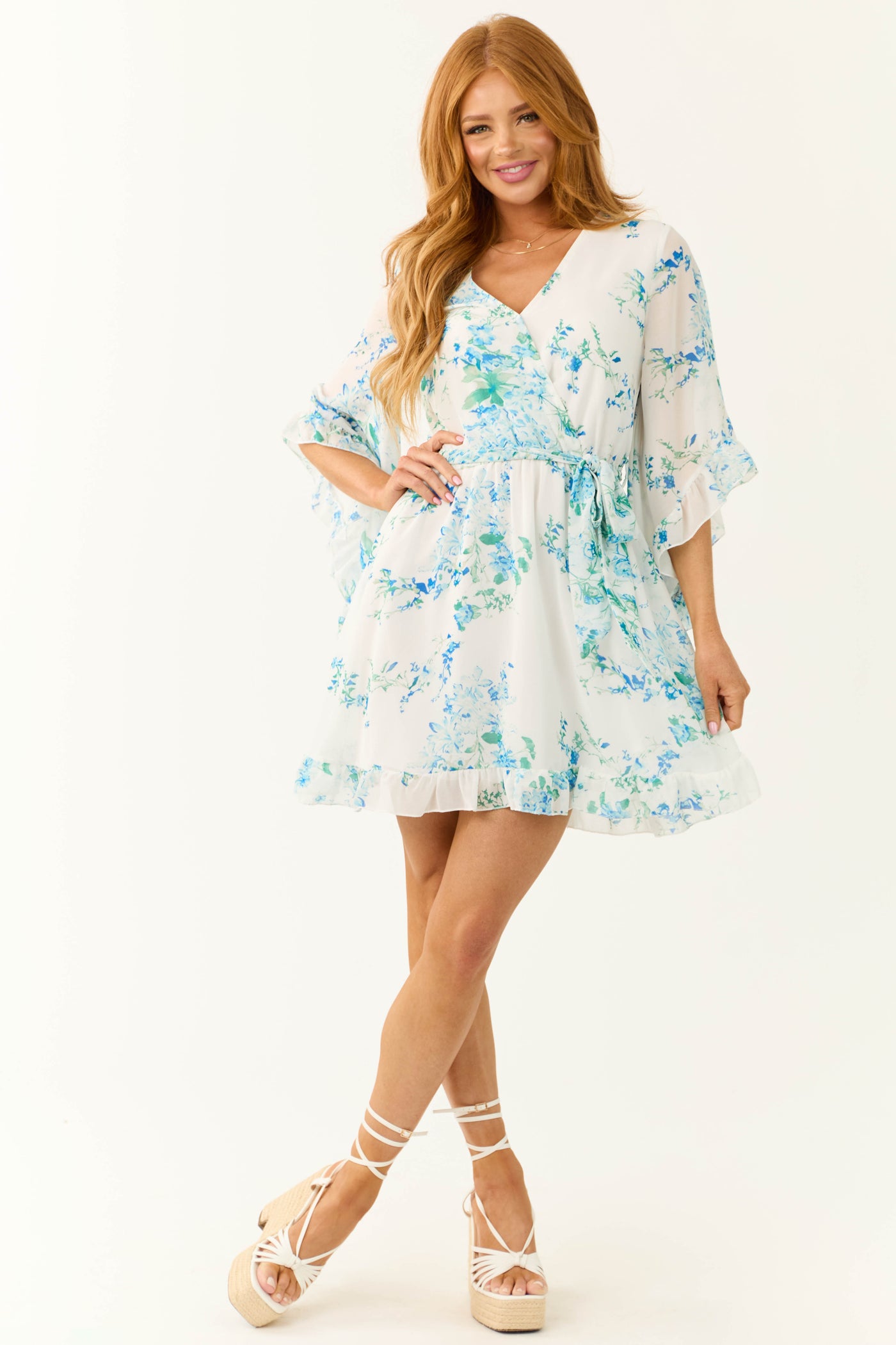 Ivory Floral Print Half Sleeve Short Dress | Lime Lush Boutique