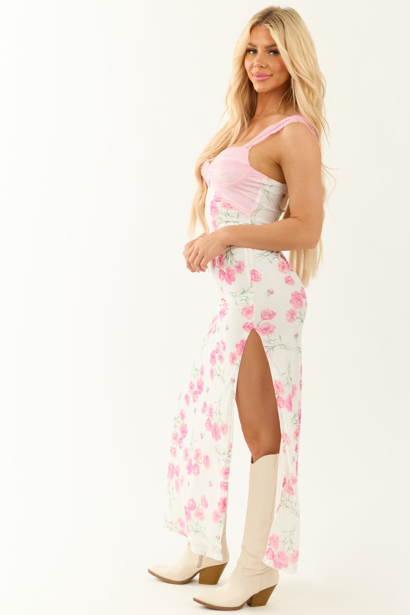 Ivory Floral Print Lace Bust Mesh Maxi Dress