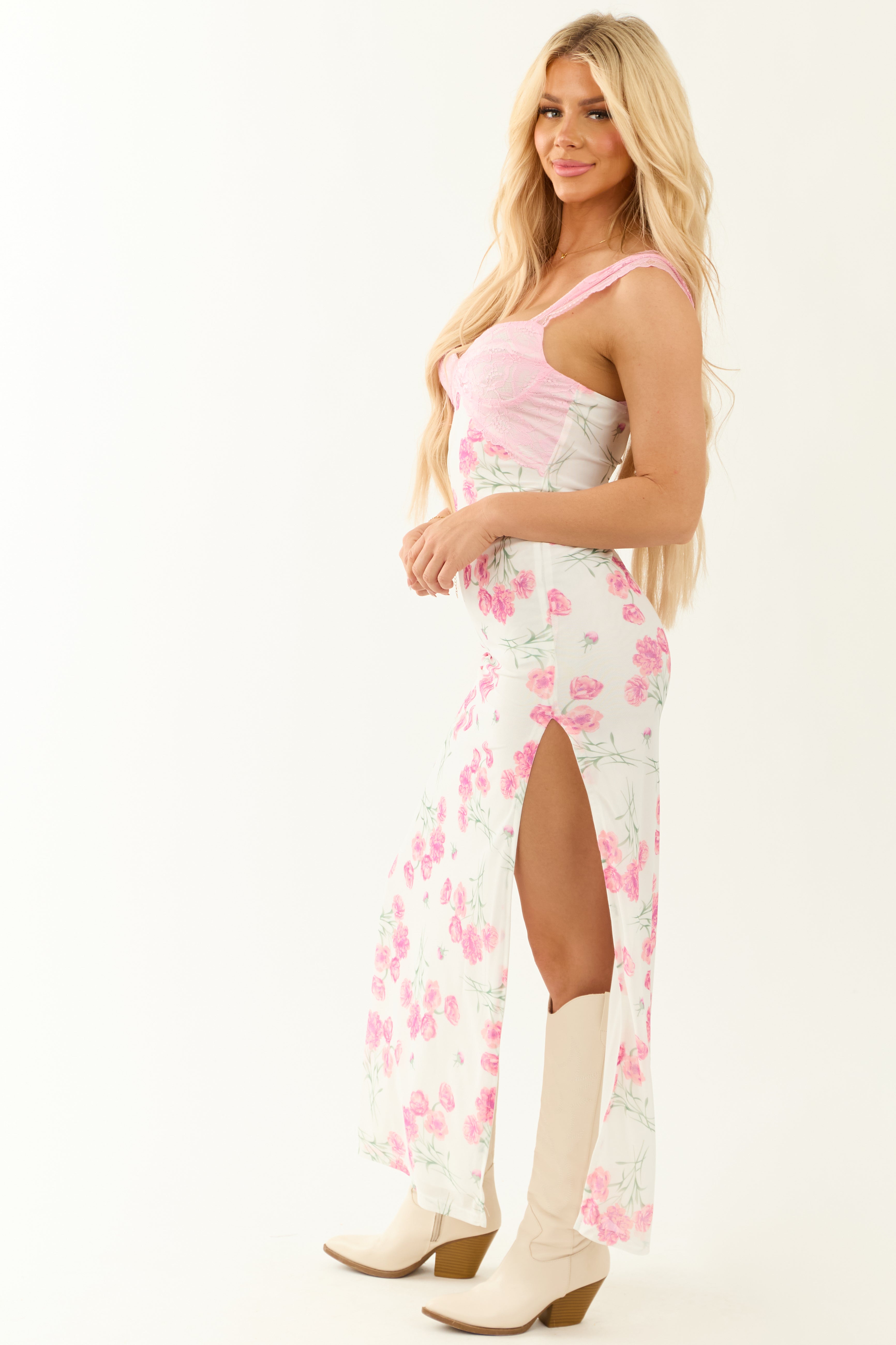 Ivory Floral Print Lace Bust Mesh Maxi Dress
