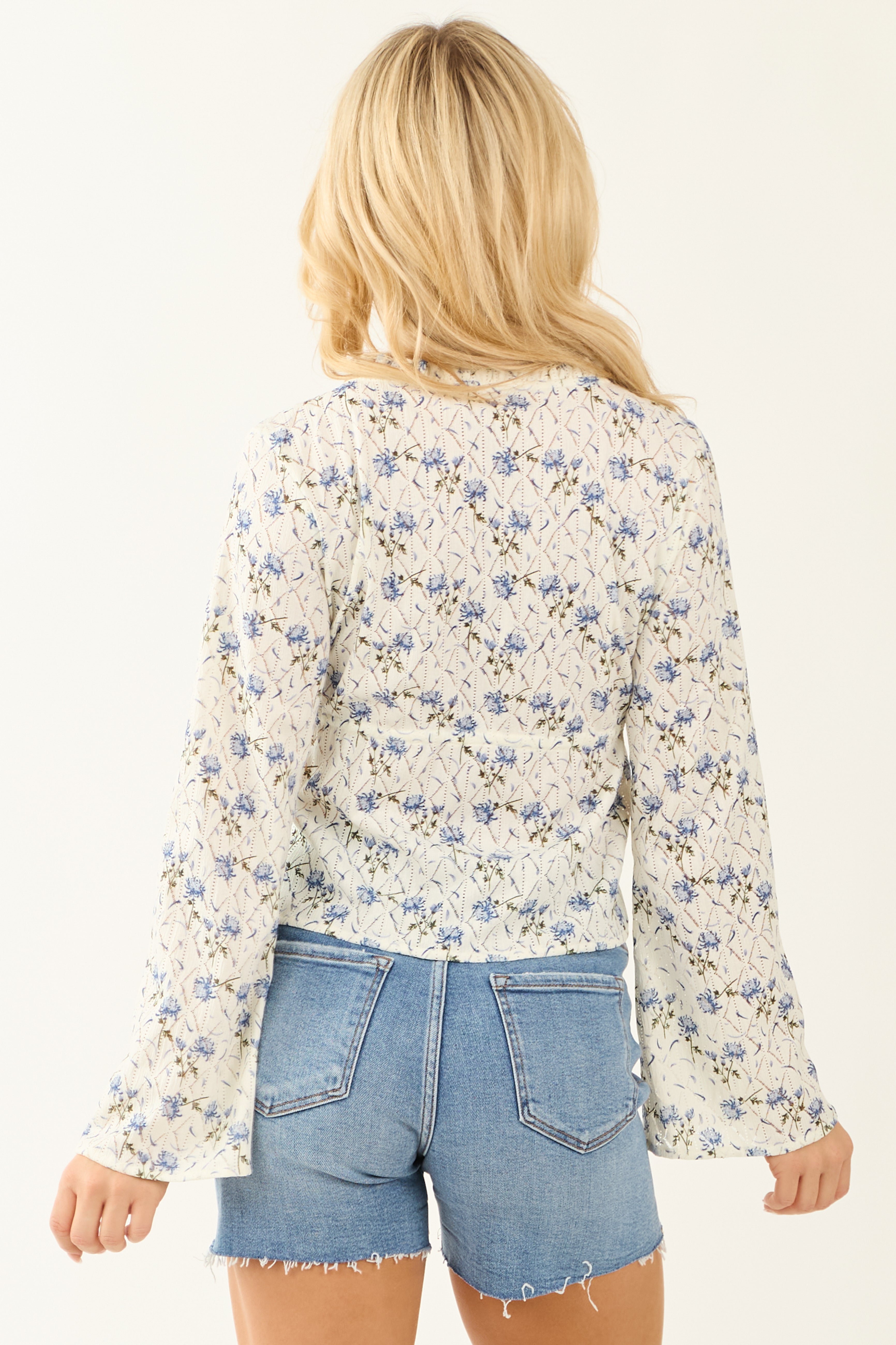 Ivory Floral Print Long Sleeve Open Tie Front Top | Lime Lush Boutique