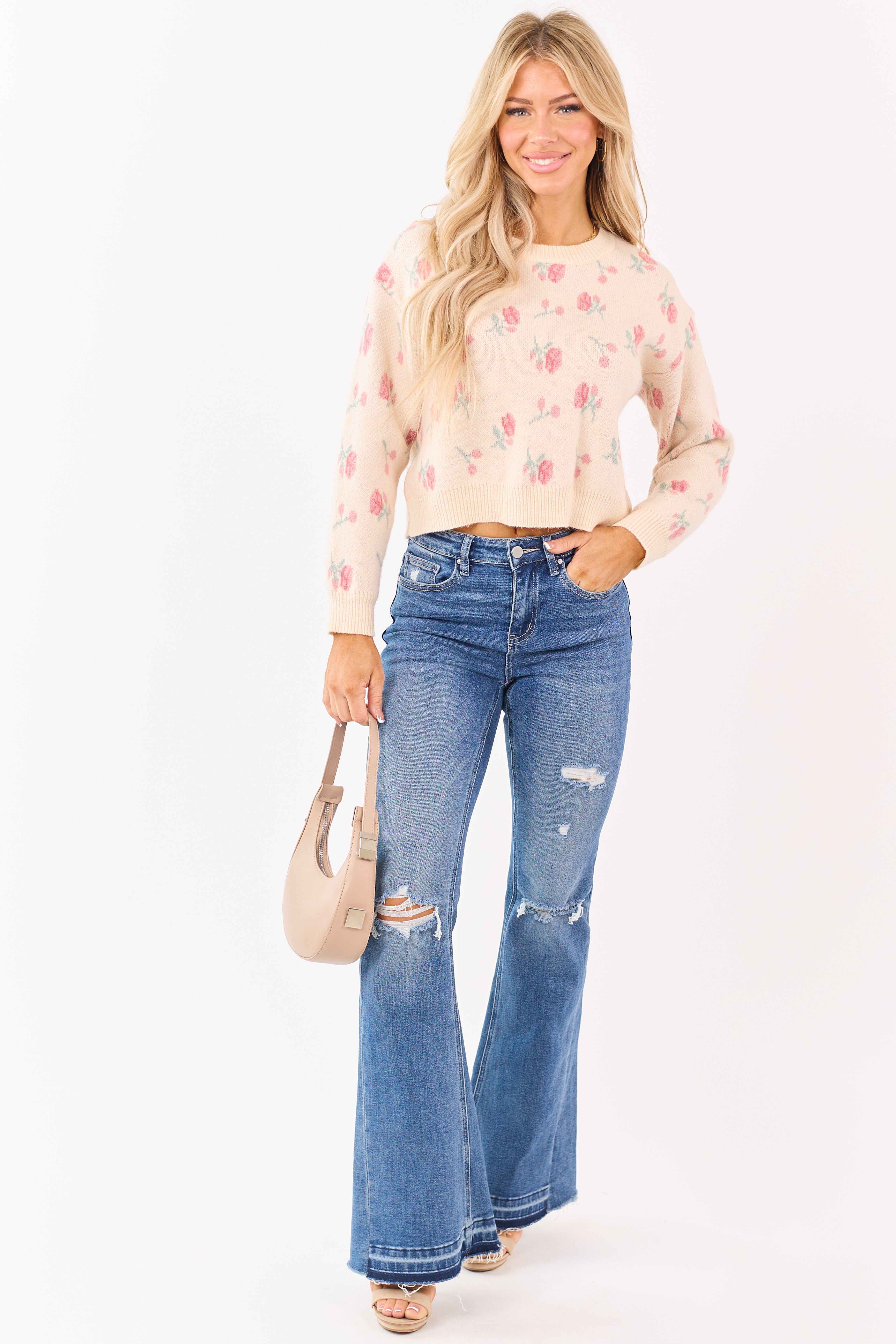 Ivory Floral Print Mock Neck Long Sleeve Mesh Top