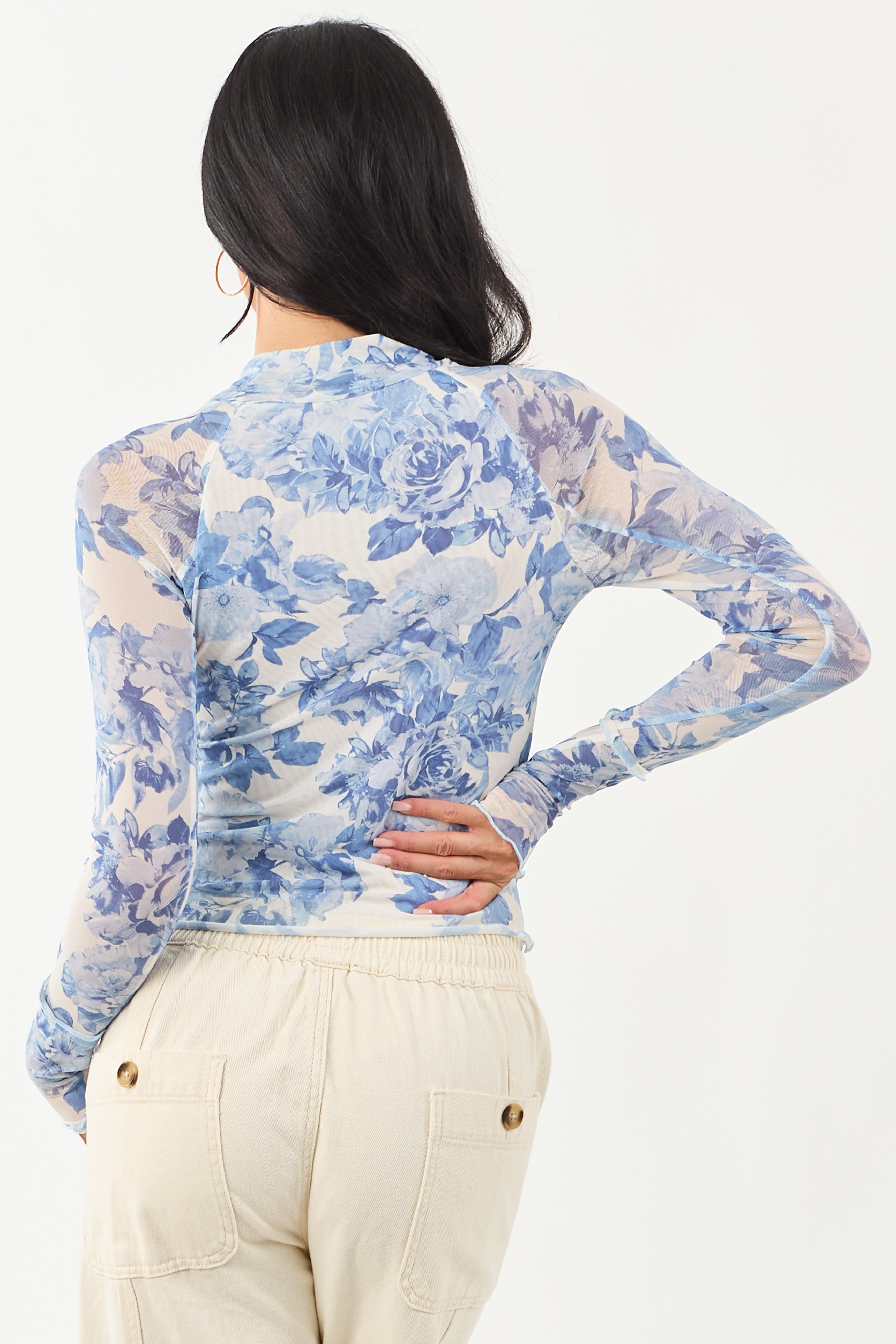 Ivory Floral Print Mock Neck Long Sleeve Top | Lime Lush Boutique