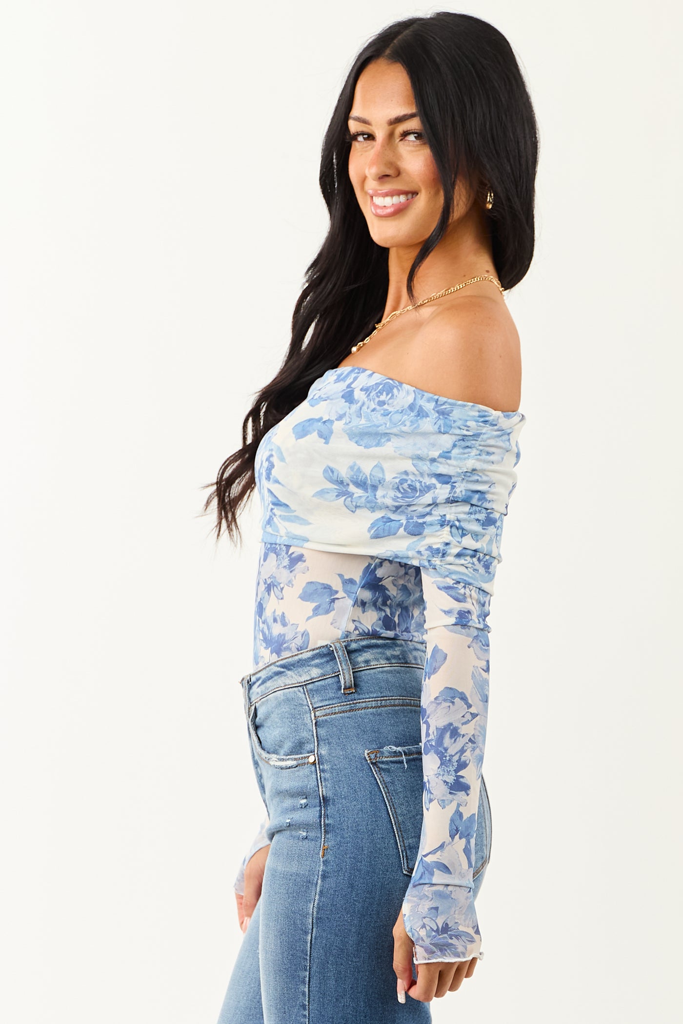 Ivory Floral Print Off the Shoulder Bodysuit