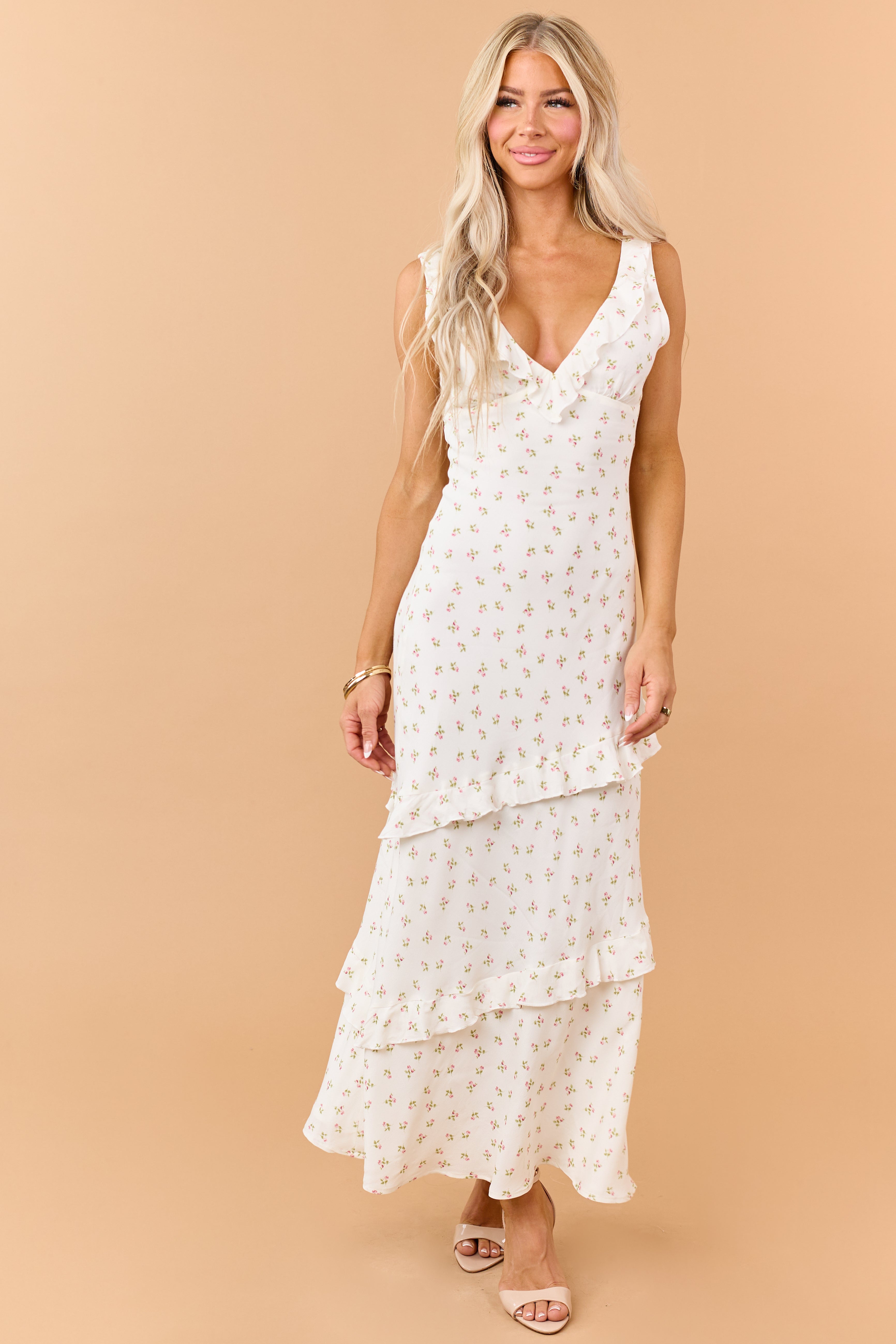 Ivory Floral Print Ruffle Trim Sleeveless Maxi Dress