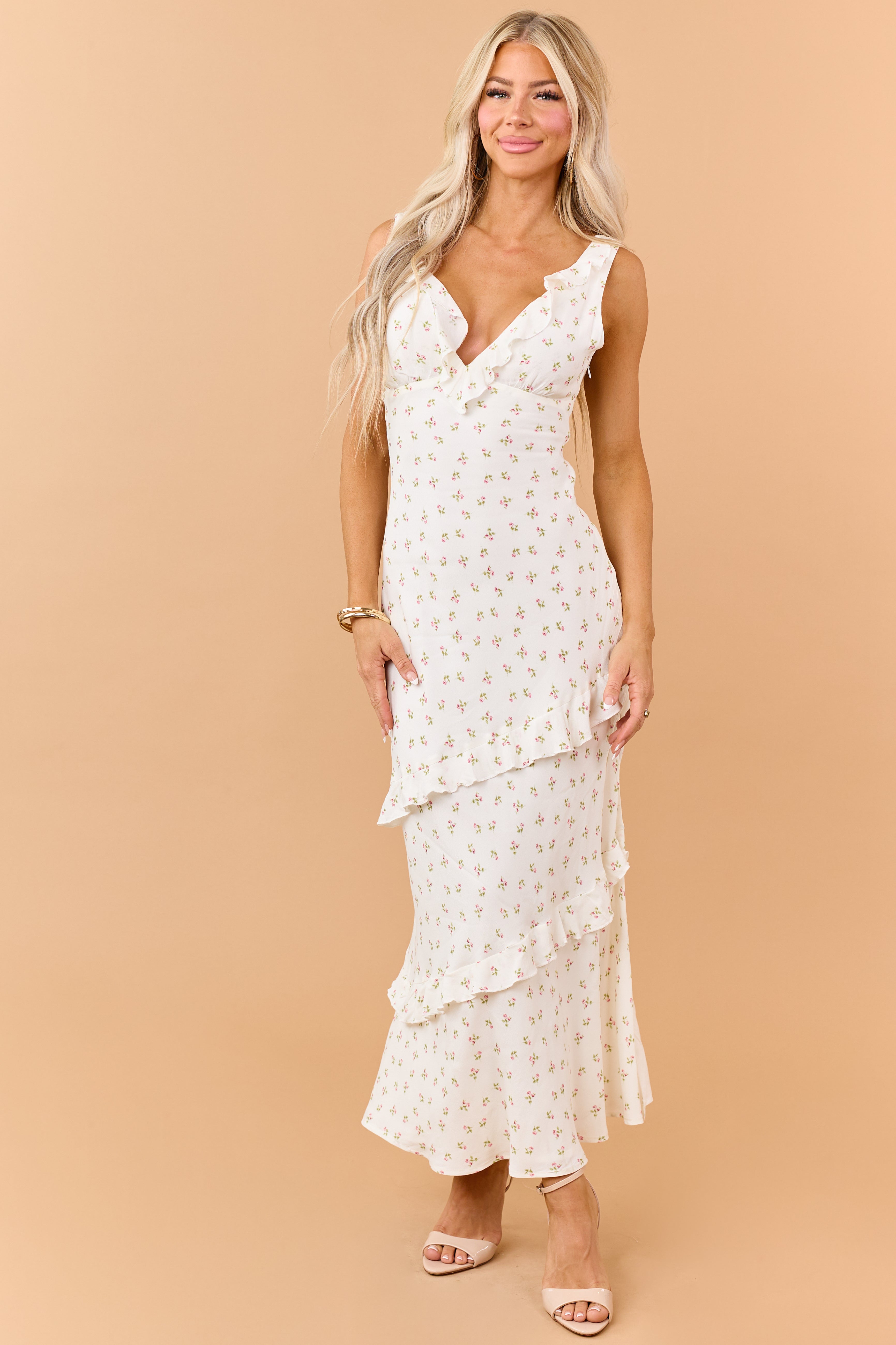 Ivory Floral Print Ruffle Trim Sleeveless Maxi Dress