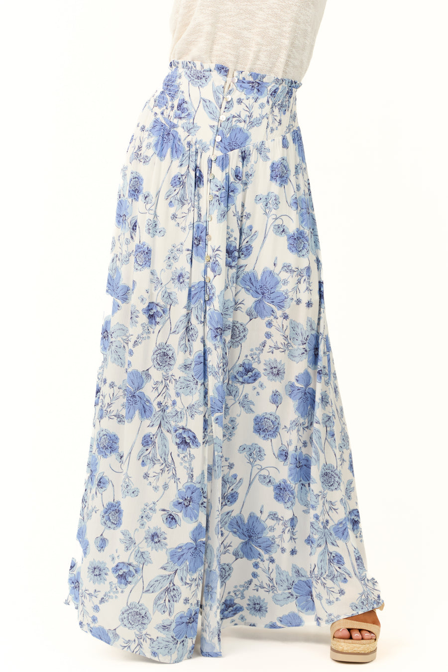 Ivory Floral Print Smocked Waist Maxi Skirt
