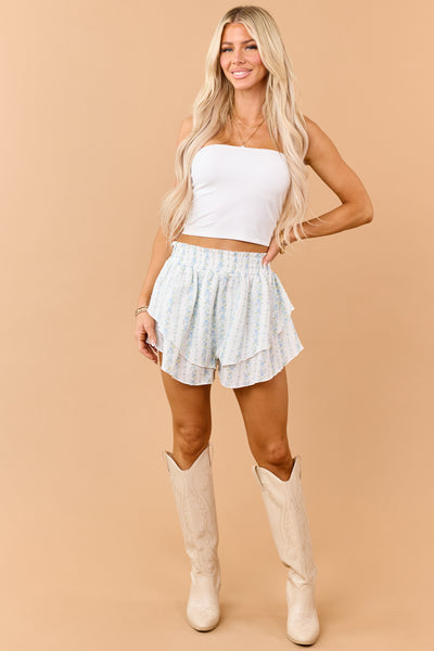 Ivory Floral Print Smocked Waist Tiered Shorts
