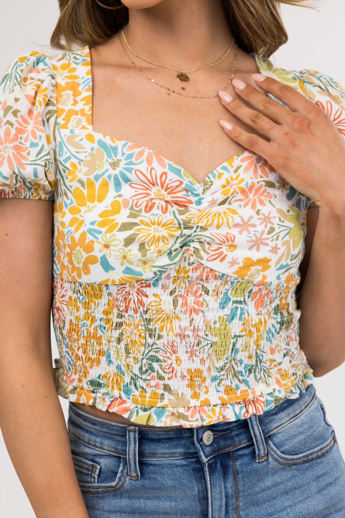 Ivory Floral Print Sweetheart Neck Crop Top