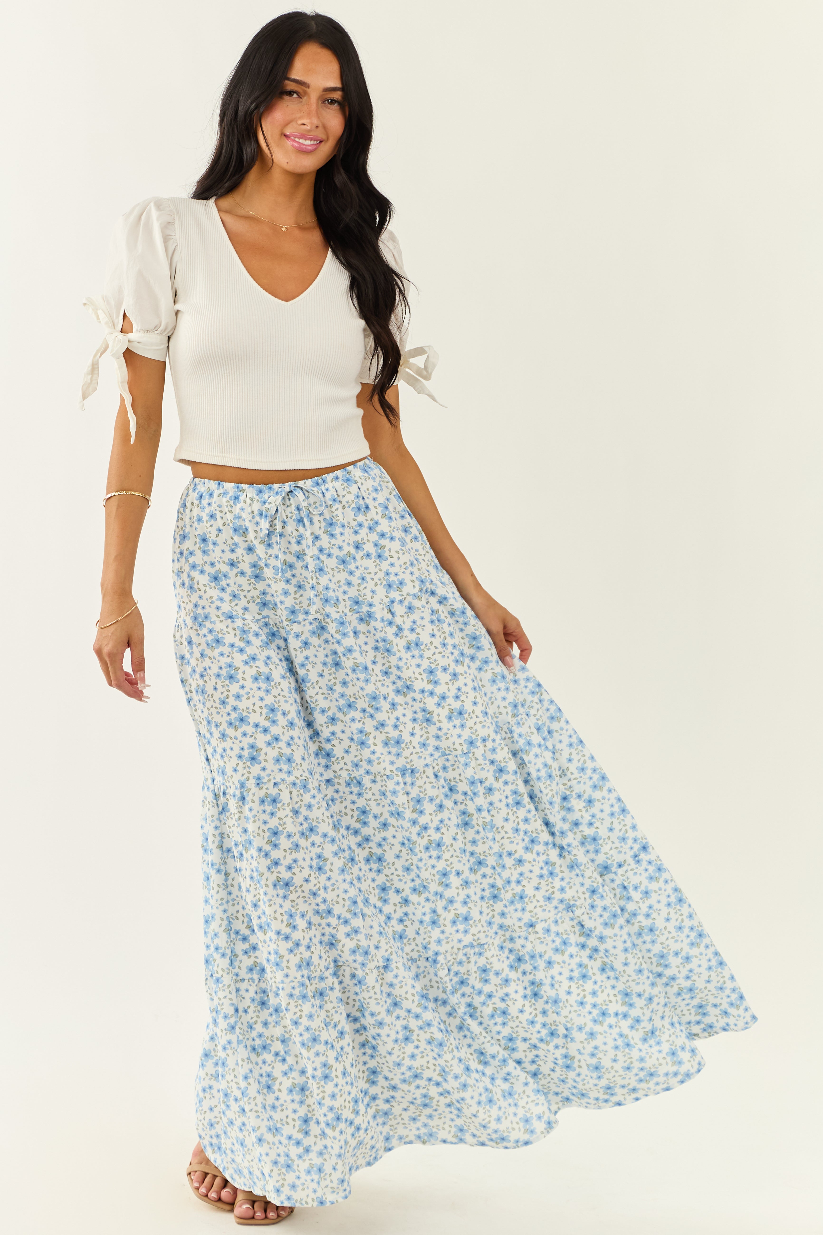 Ivory Floral Print Tiered Flowy Maxi Skirt | Lime Lush Boutique