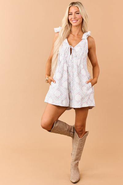 Ivory Floral Print Twill Denim Pintuck Romper