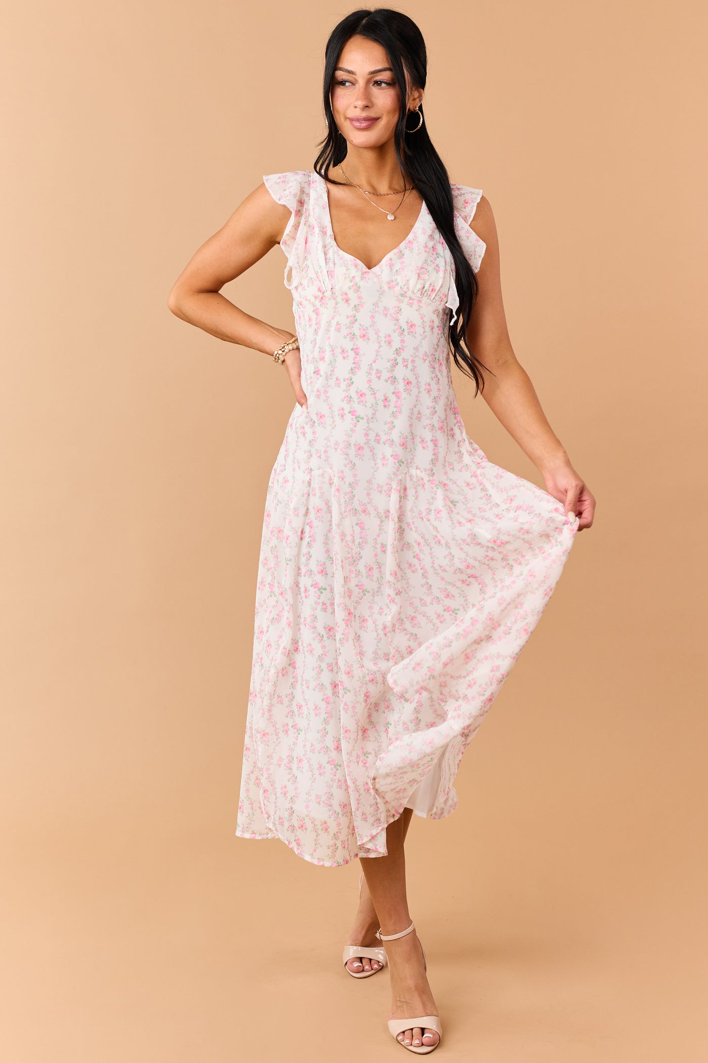 flutter sleeve cocktail dress Ivory Floral Print V Neck Flutter Sleeve Midi Dress