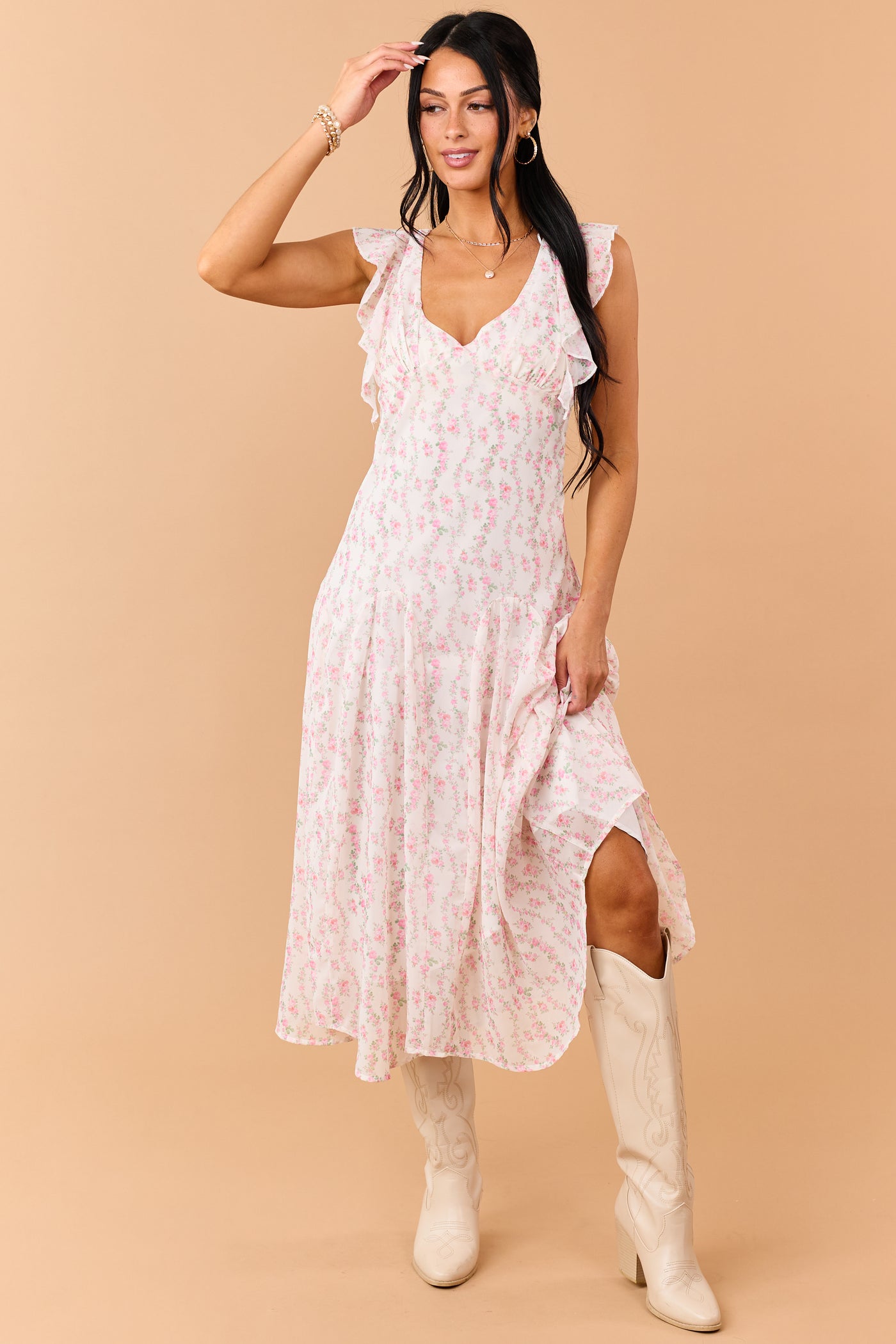 Ivory Floral Print V Neck Flutter Sleeve Midi Dress
