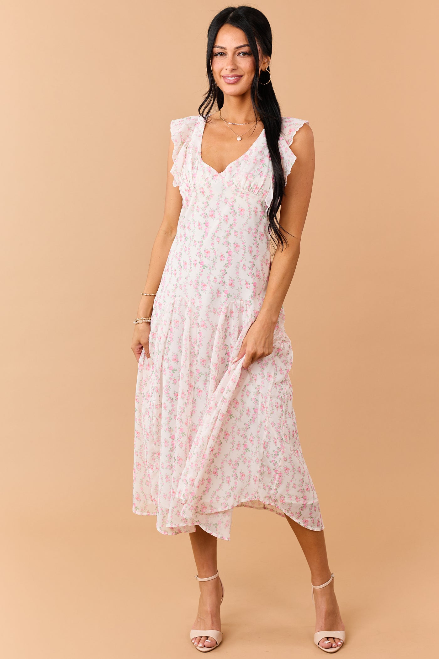 Ivory Floral Print V Neck Flutter Sleeve Midi Dress