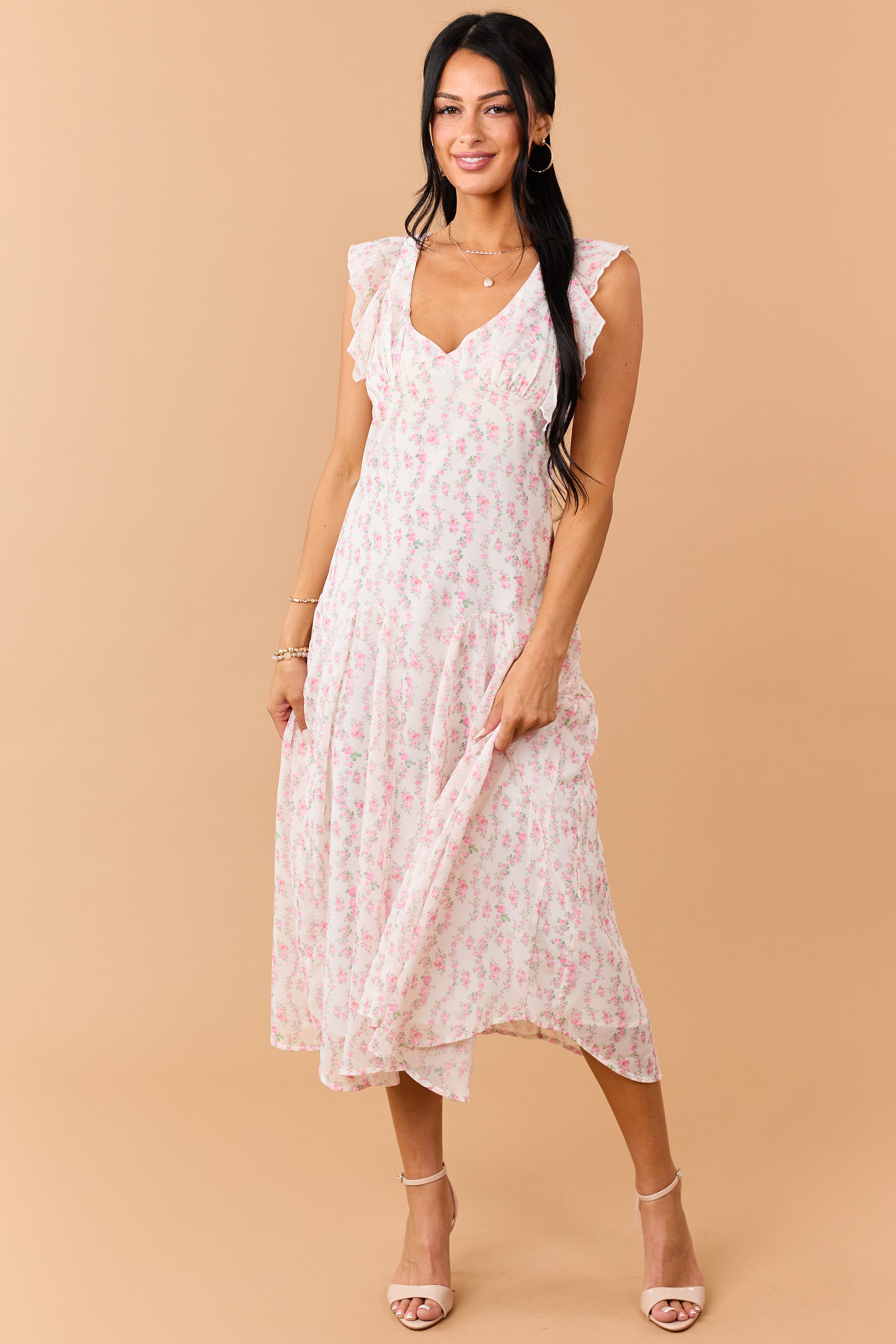 Ivory Floral Print V Neck Flutter Sleeve Midi Dress