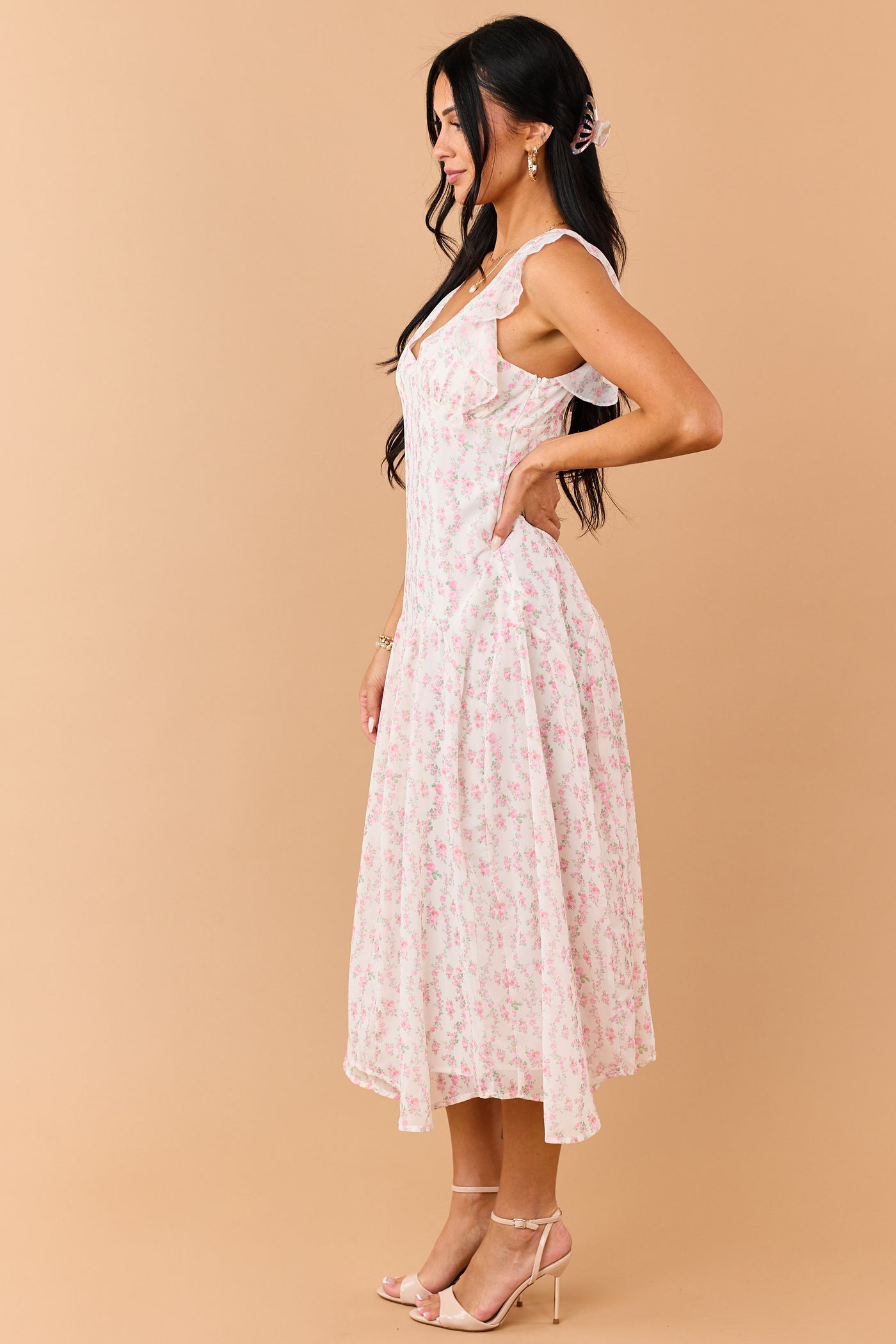 Ivory Floral Print V Neck Flutter Sleeve Midi Dress | Lime Lush Boutique Ivory Floral Print V Neck Flutter Sleeve Midi Dress | Lime Lush Boutique