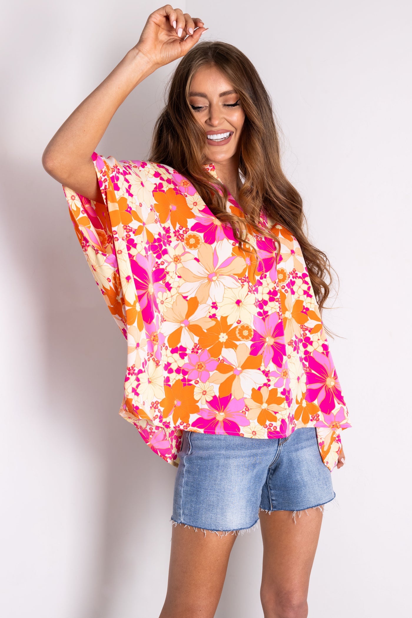 Ivory Floral Print V Neck Half Sleeve Top