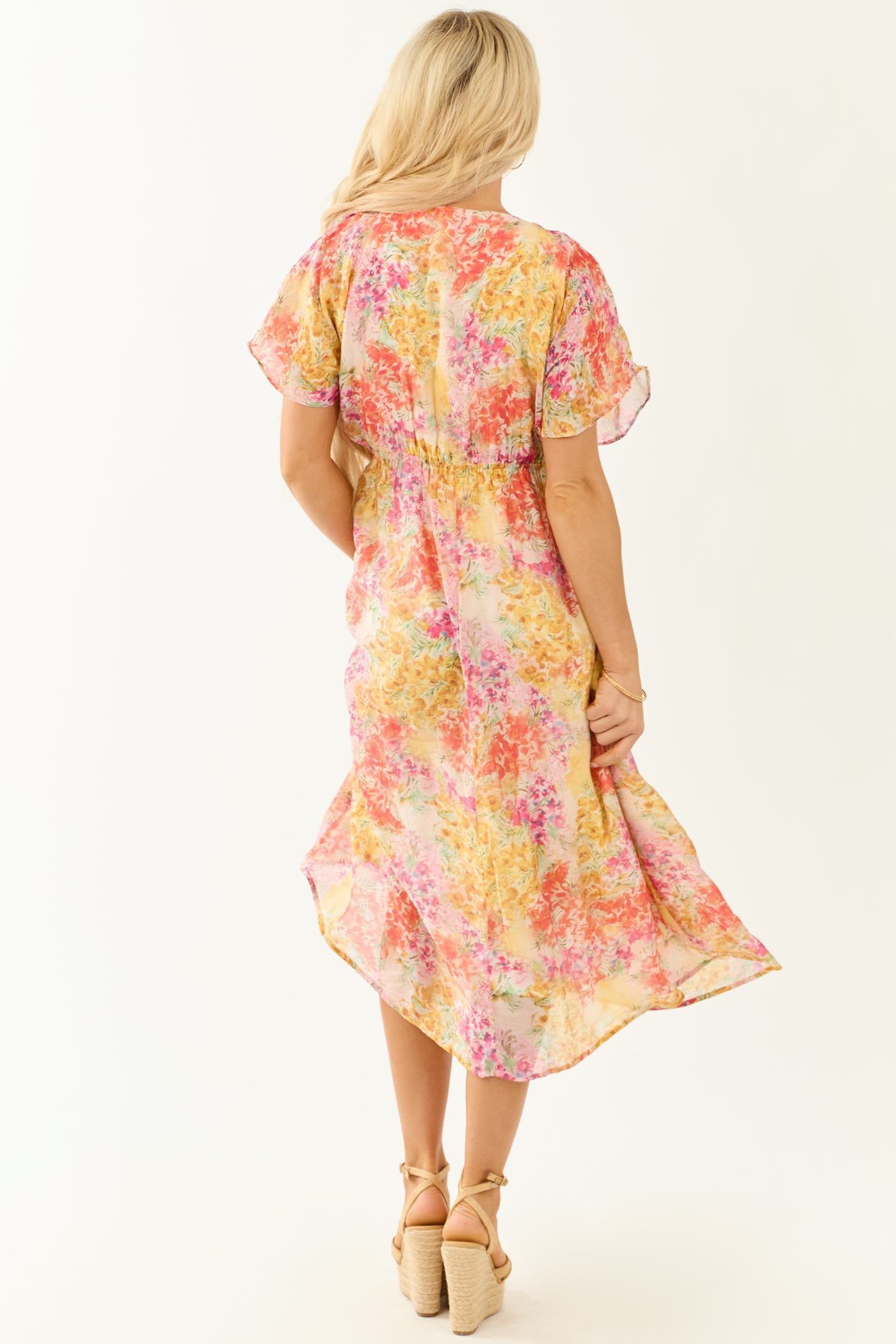Ivory Floral Print V Neck Short Sleeve Midi Dress