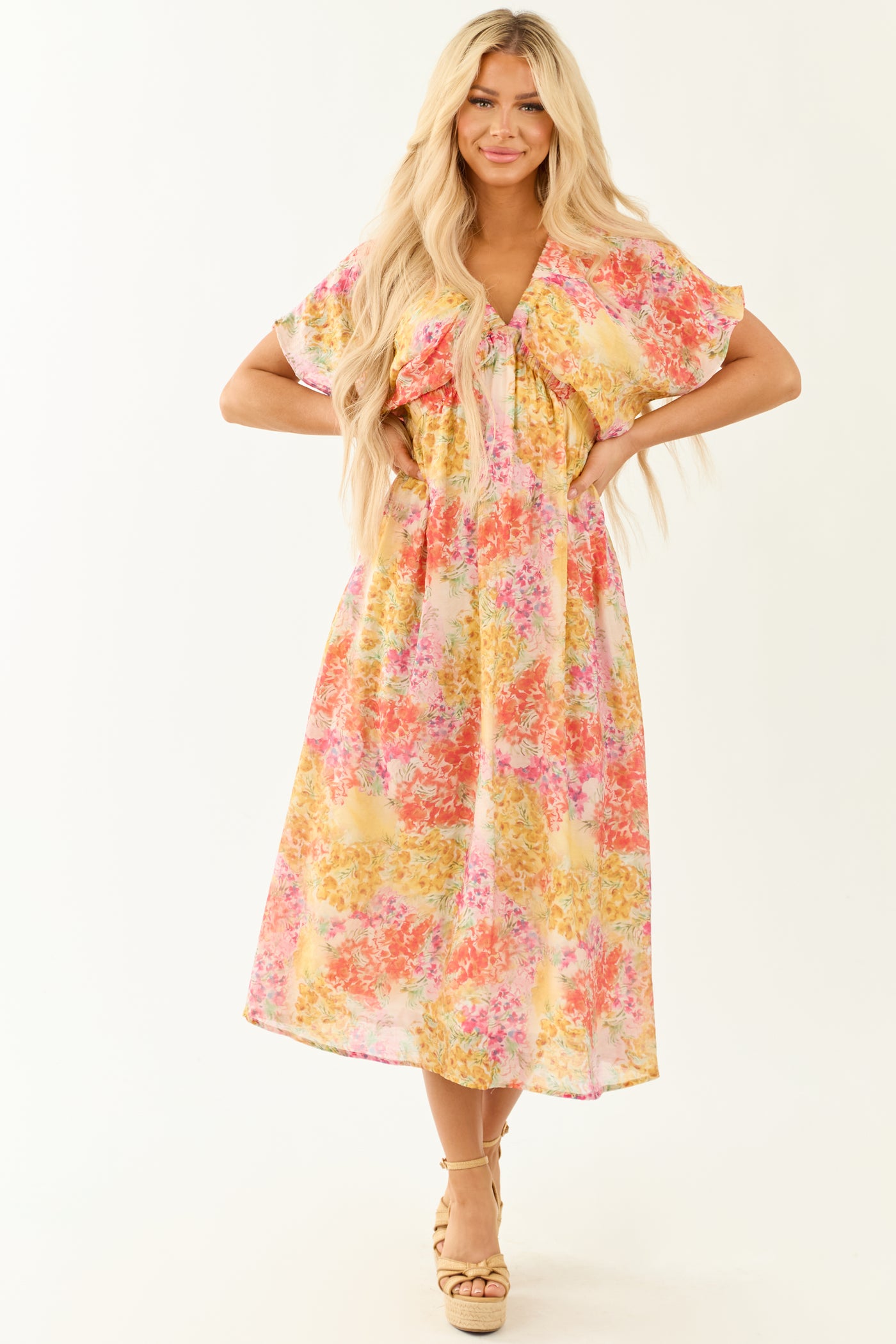 Ivory Floral Print V Neck Short Sleeve Midi Dress Ivory Floral Print V Neck Short Sleeve Midi Dress