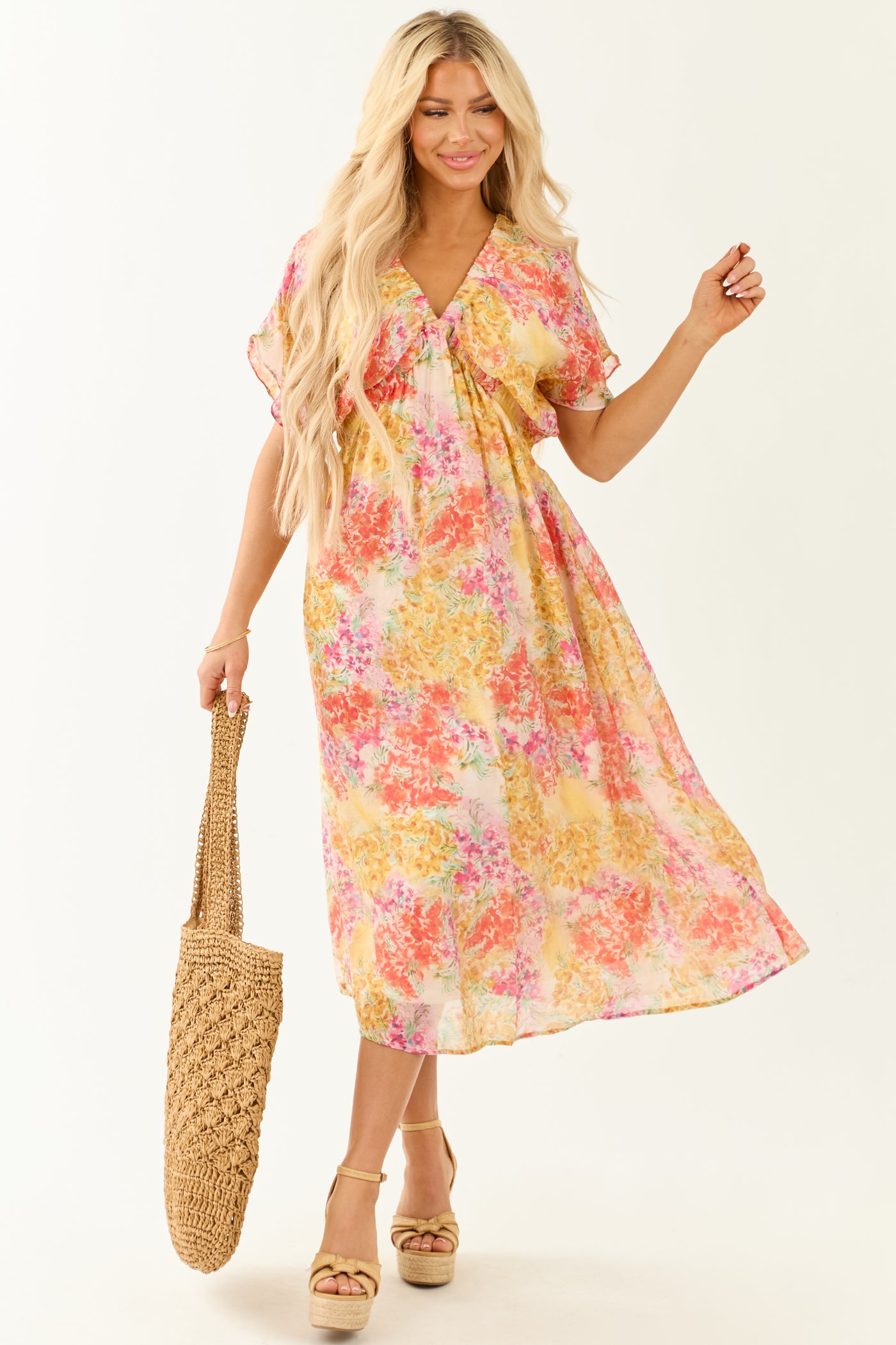 Ivory Floral Print V Neck Short Sleeve Midi Dress Ivory Floral Print V Neck Short Sleeve Midi Dress
