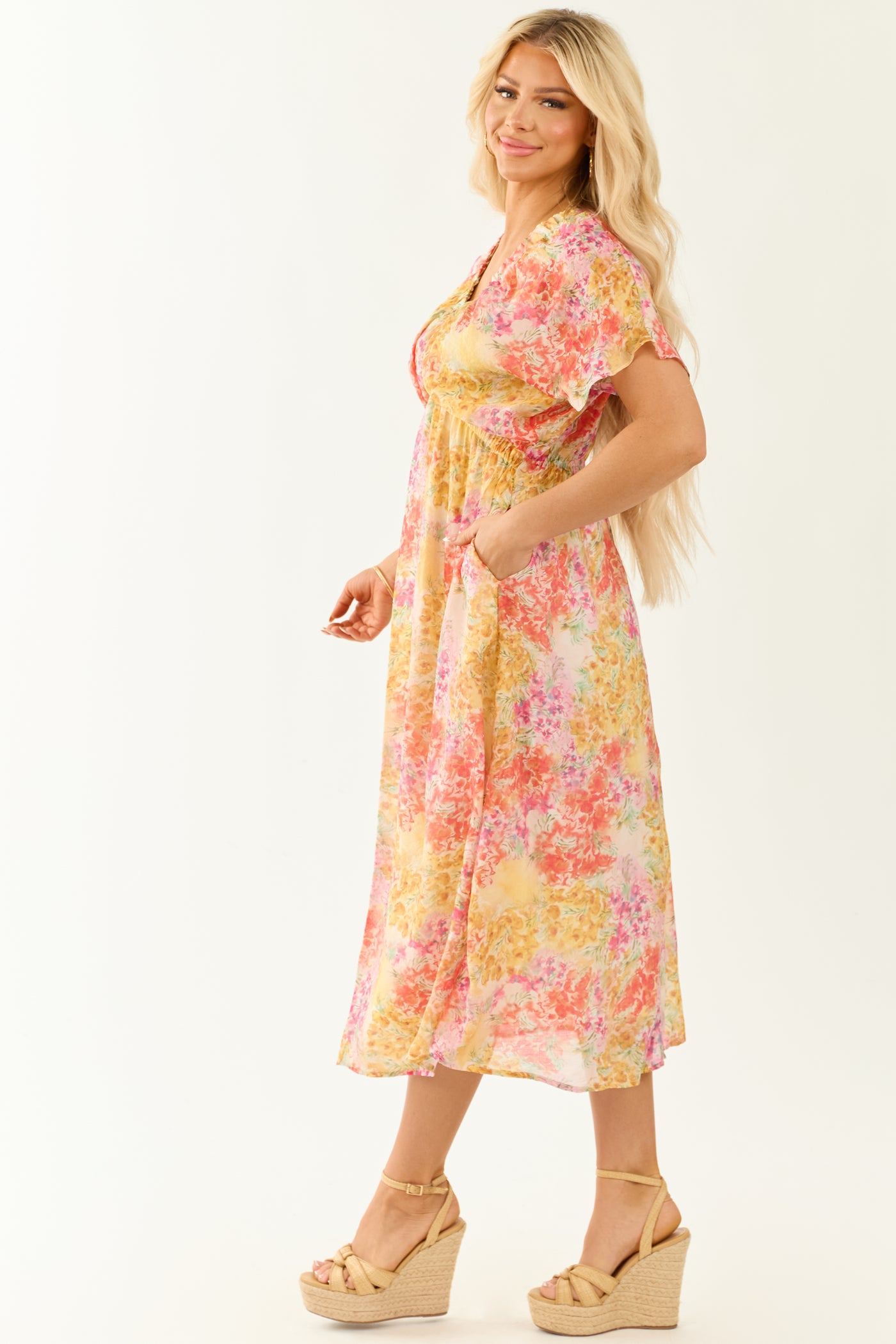 Ivory Floral Print V Neck Short Sleeve Midi Dress