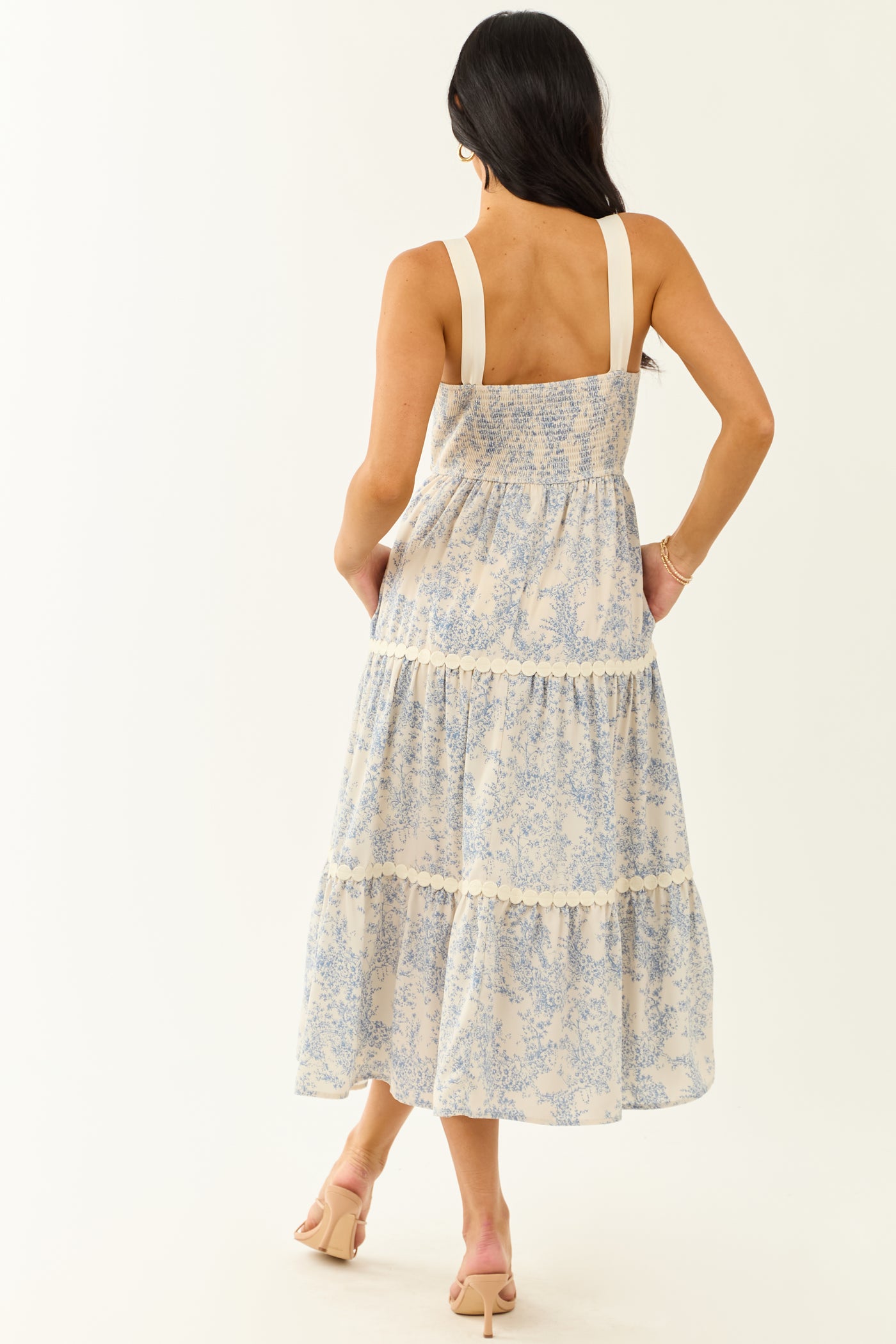 Ivory French Toile Print Sleeveless Tiered Midi Dress