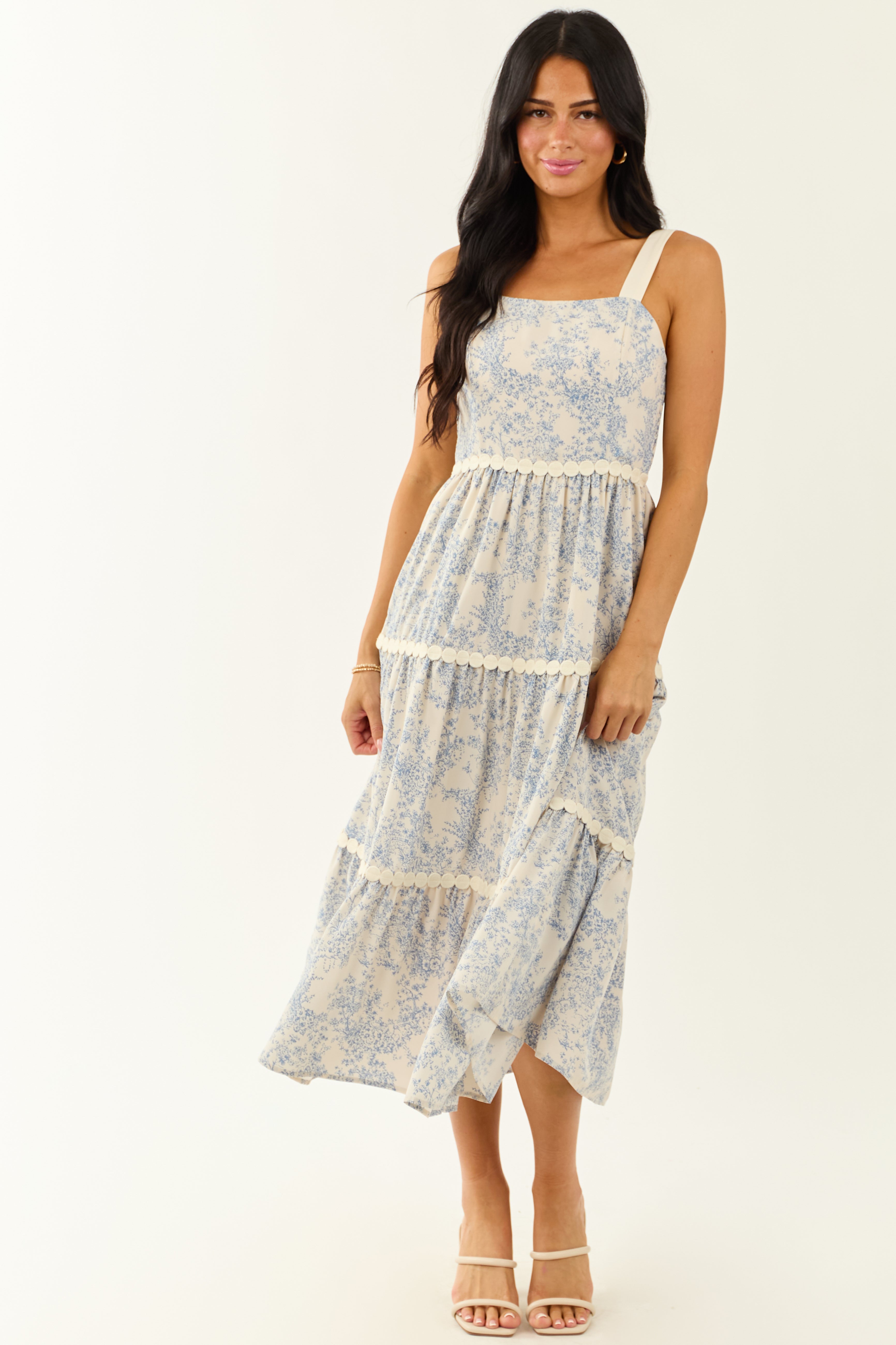 Ivory French Toile Print Sleeveless Tiered Midi Dress
