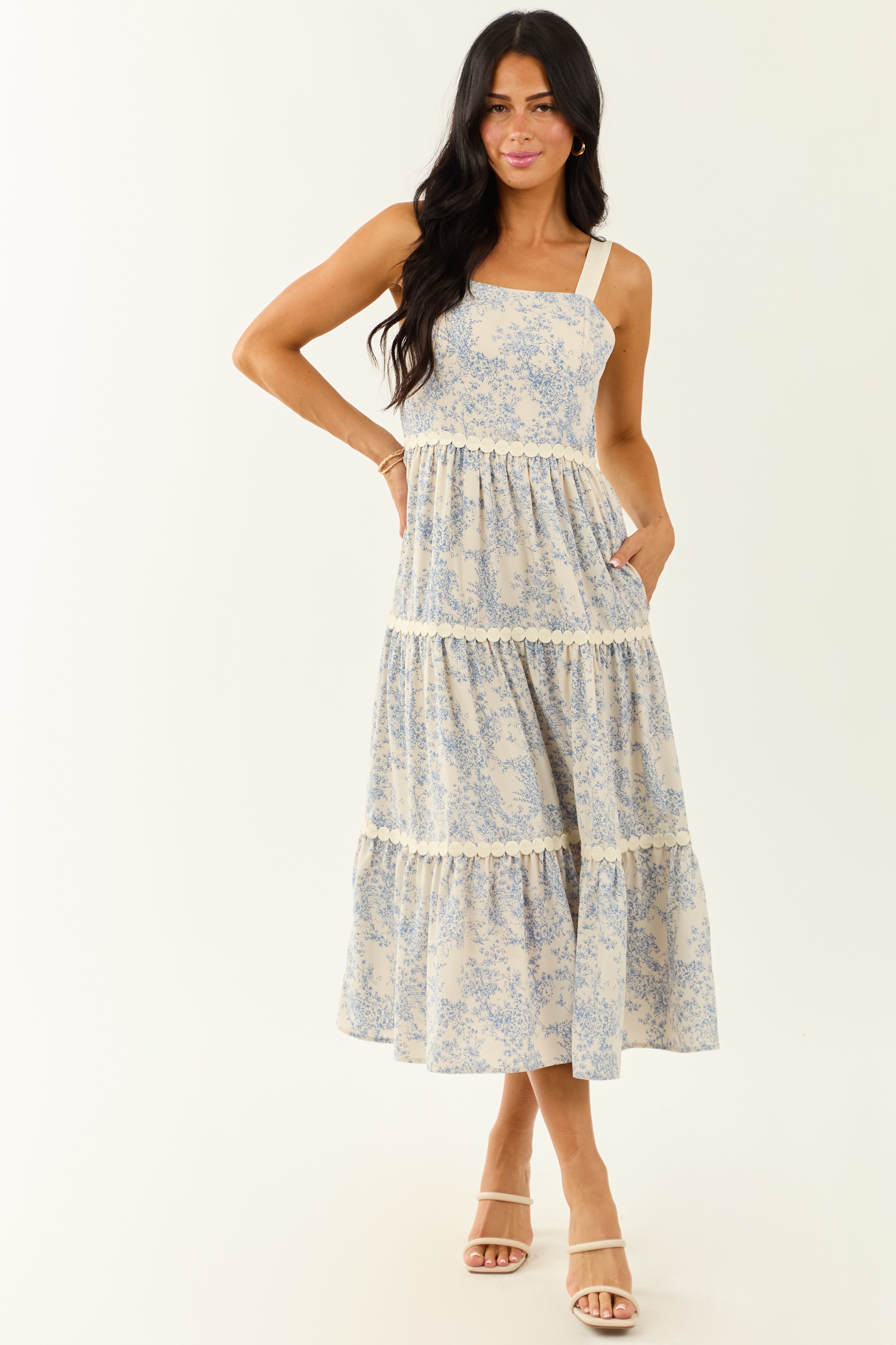 Ivory French Toile Print Sleeveless Tiered Midi Dress