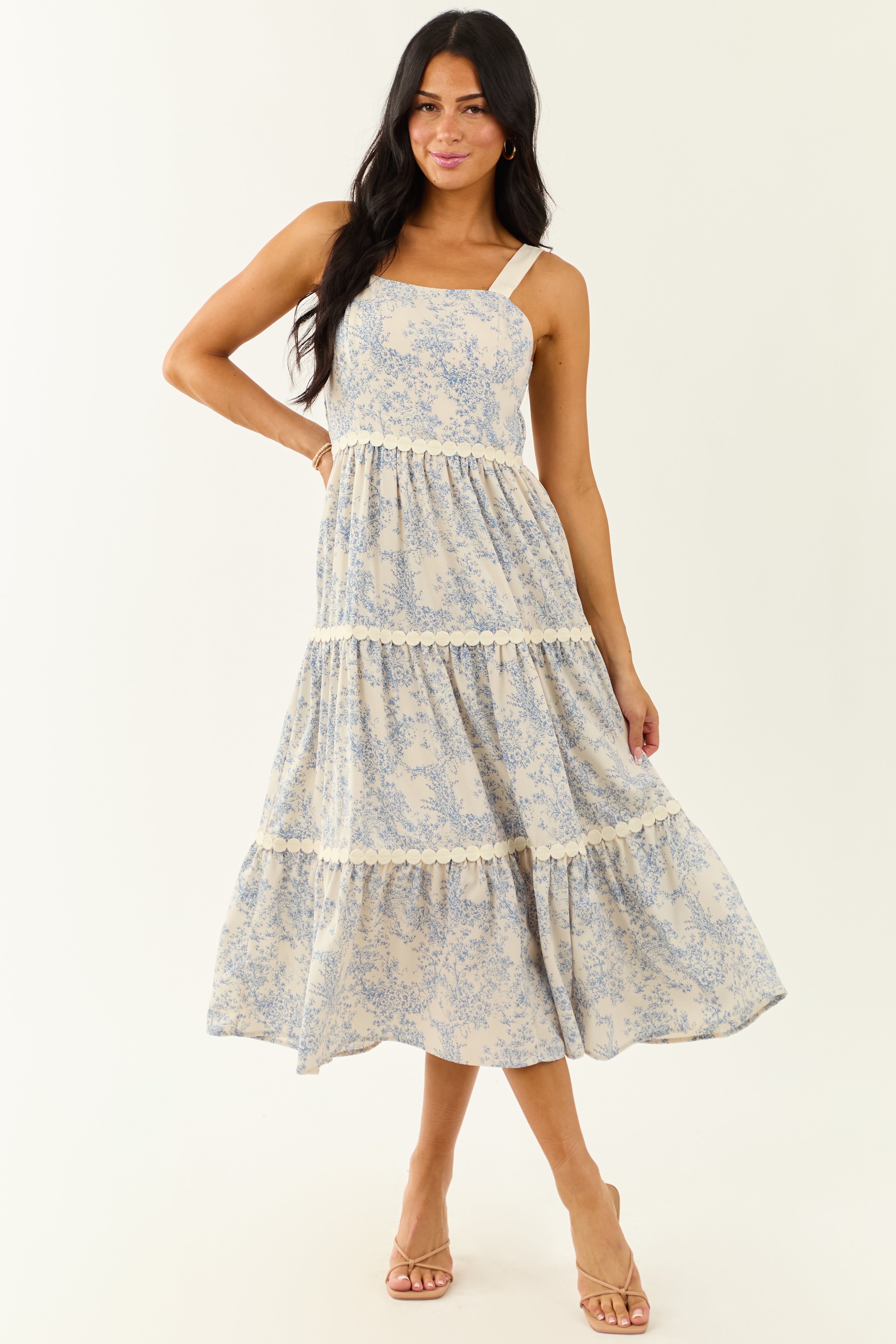 Ivory French Toile Print Sleeveless Tiered Midi Dress