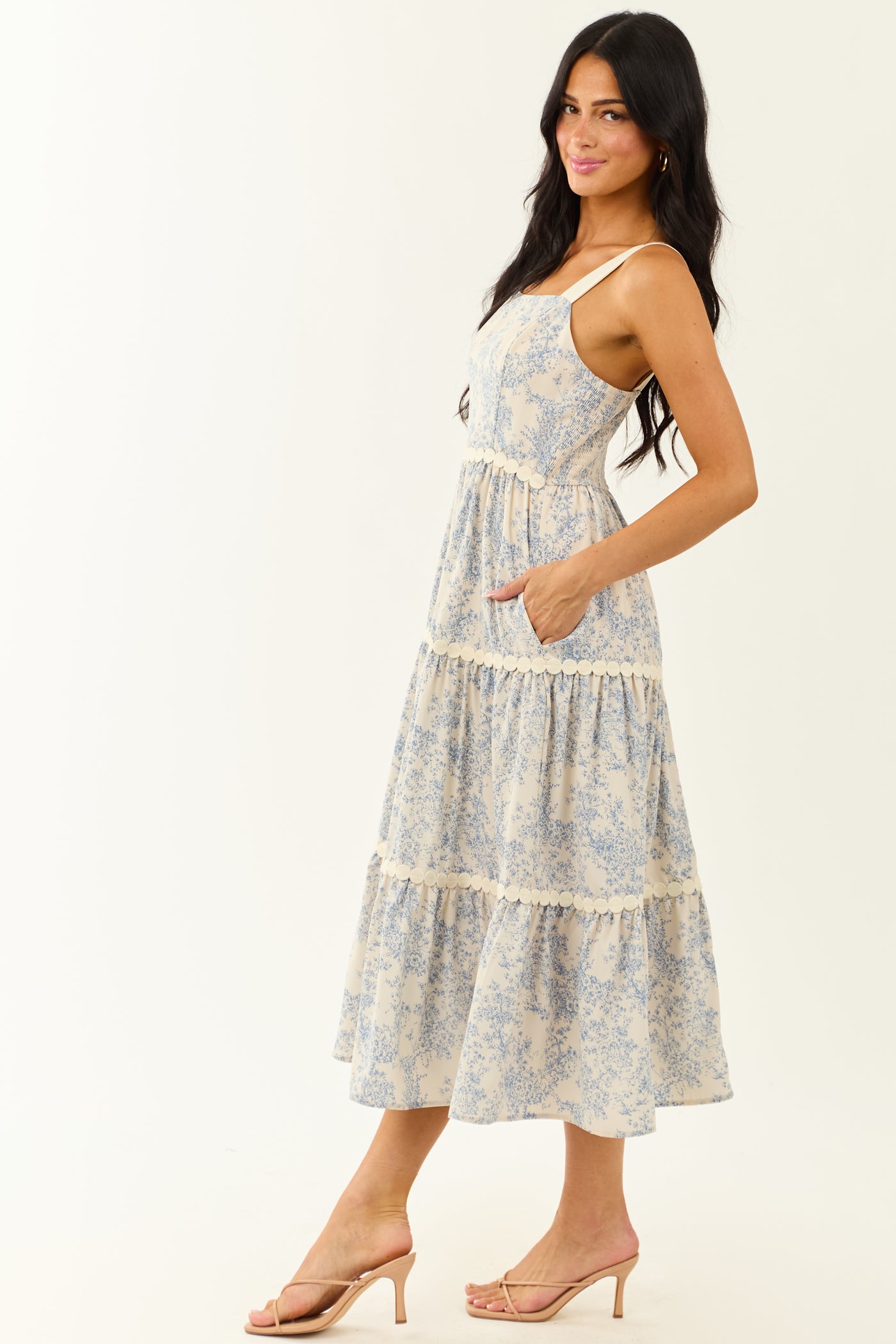 Ivory French Toile Print Sleeveless Tiered Midi Dress
