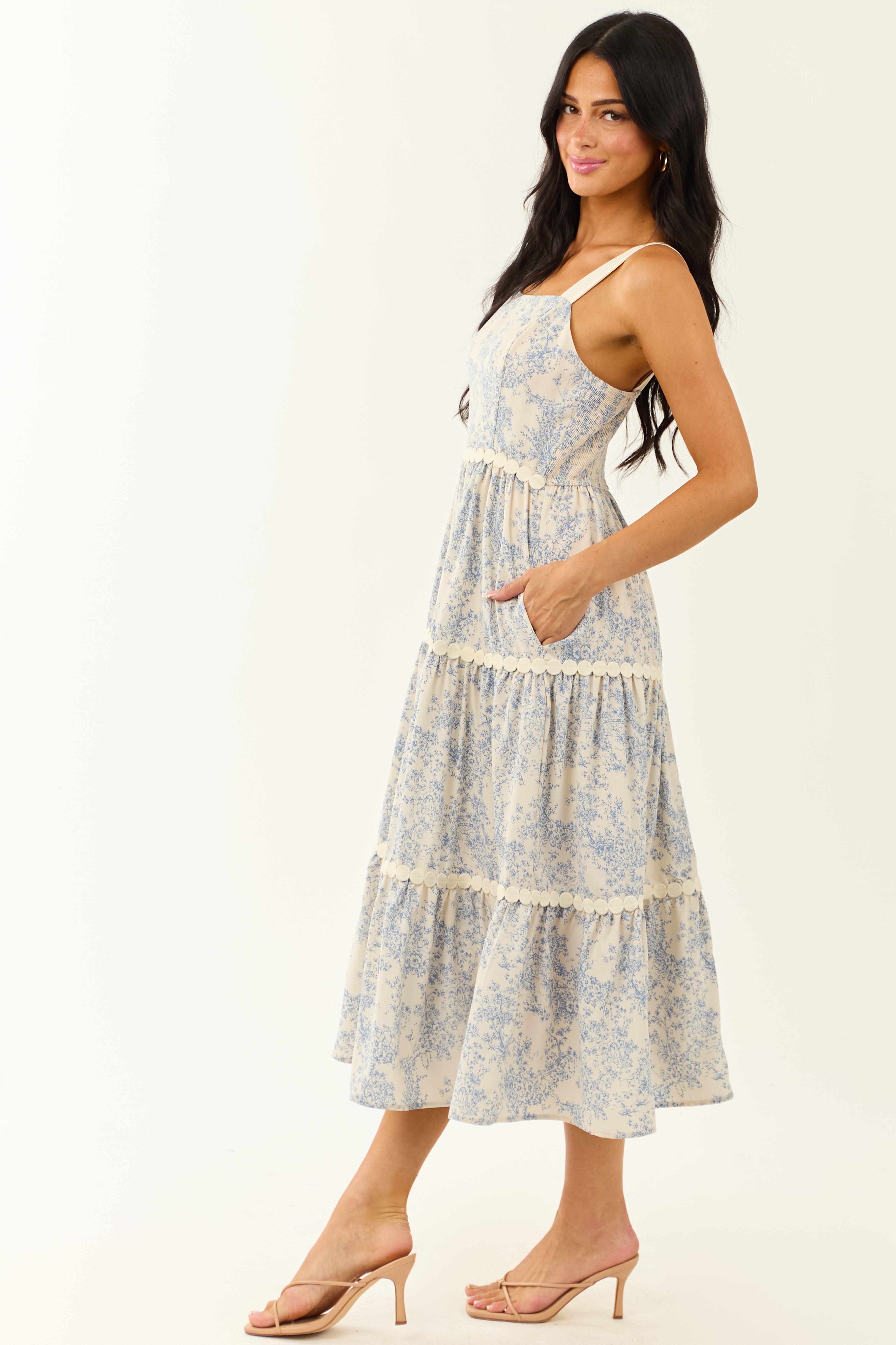 Ivory French Toile Print Sleeveless Tiered Midi Dress