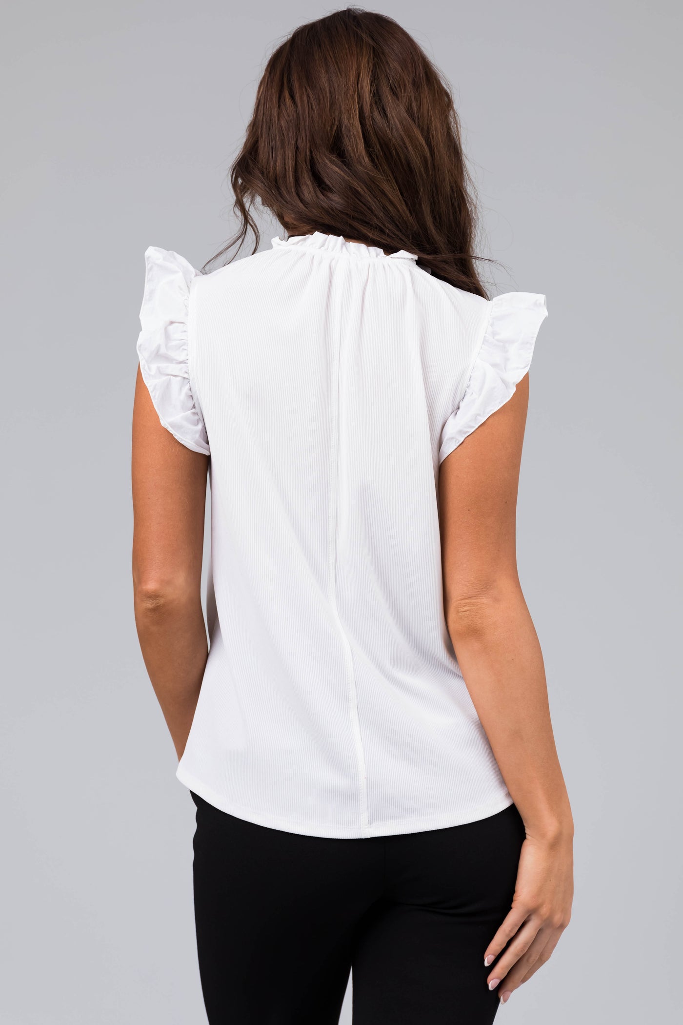 Ivory Frill Trim Contrast Ribbed Knit Top